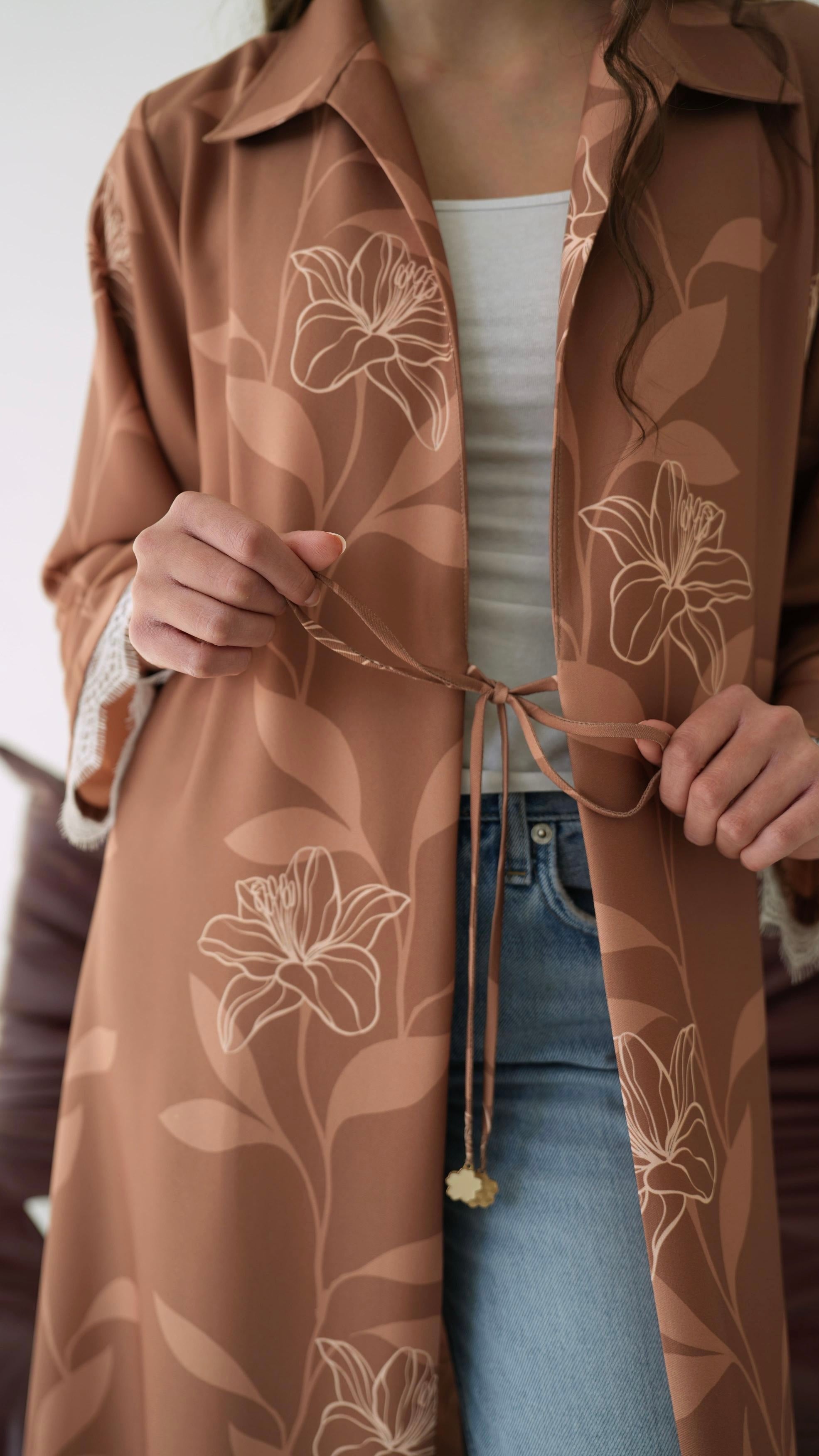 E103 Beige floral abaya with white lace( Ready to Ship)