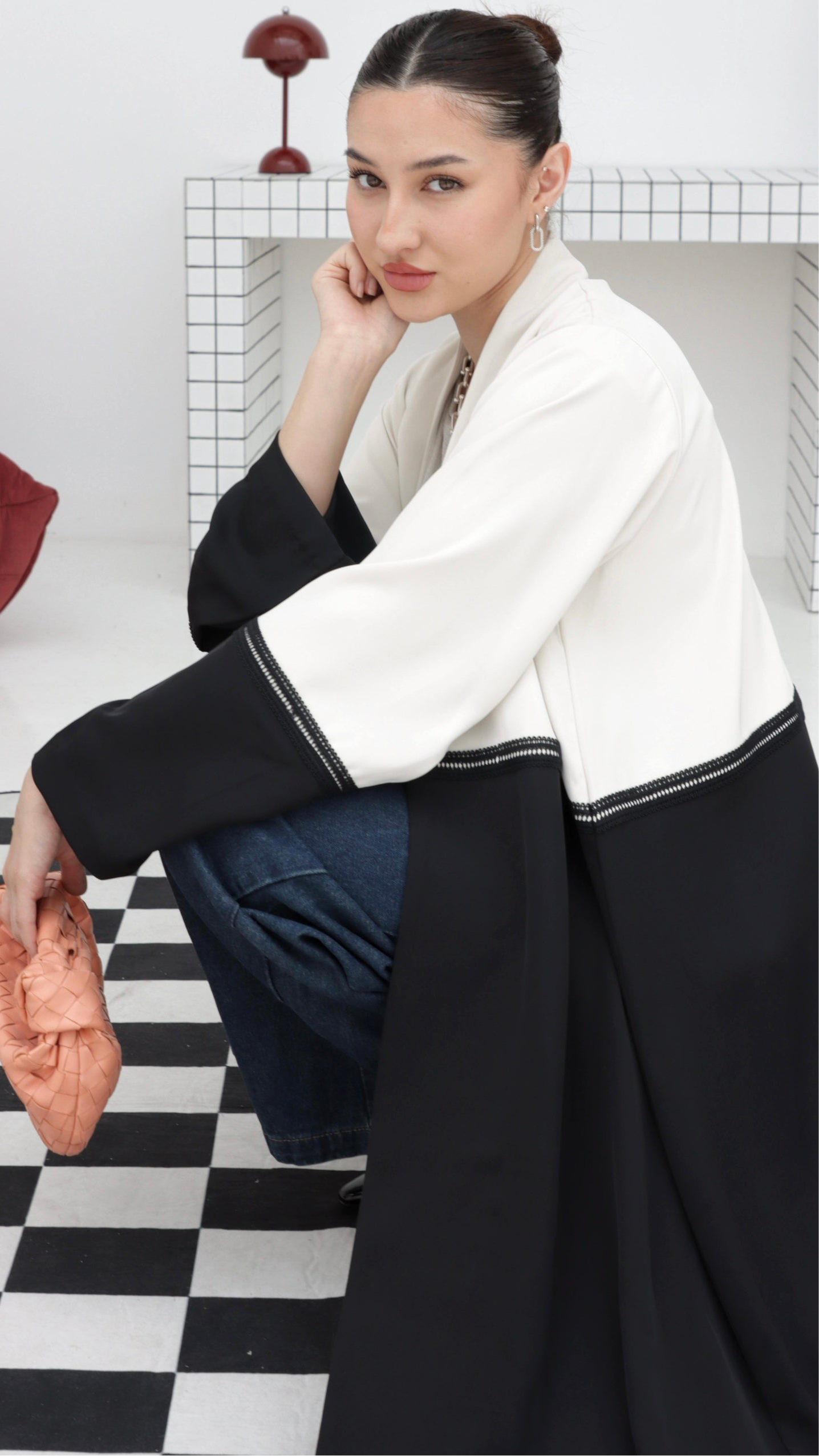 E68- Summery Black and white crepe abaya with lace ( A- line)