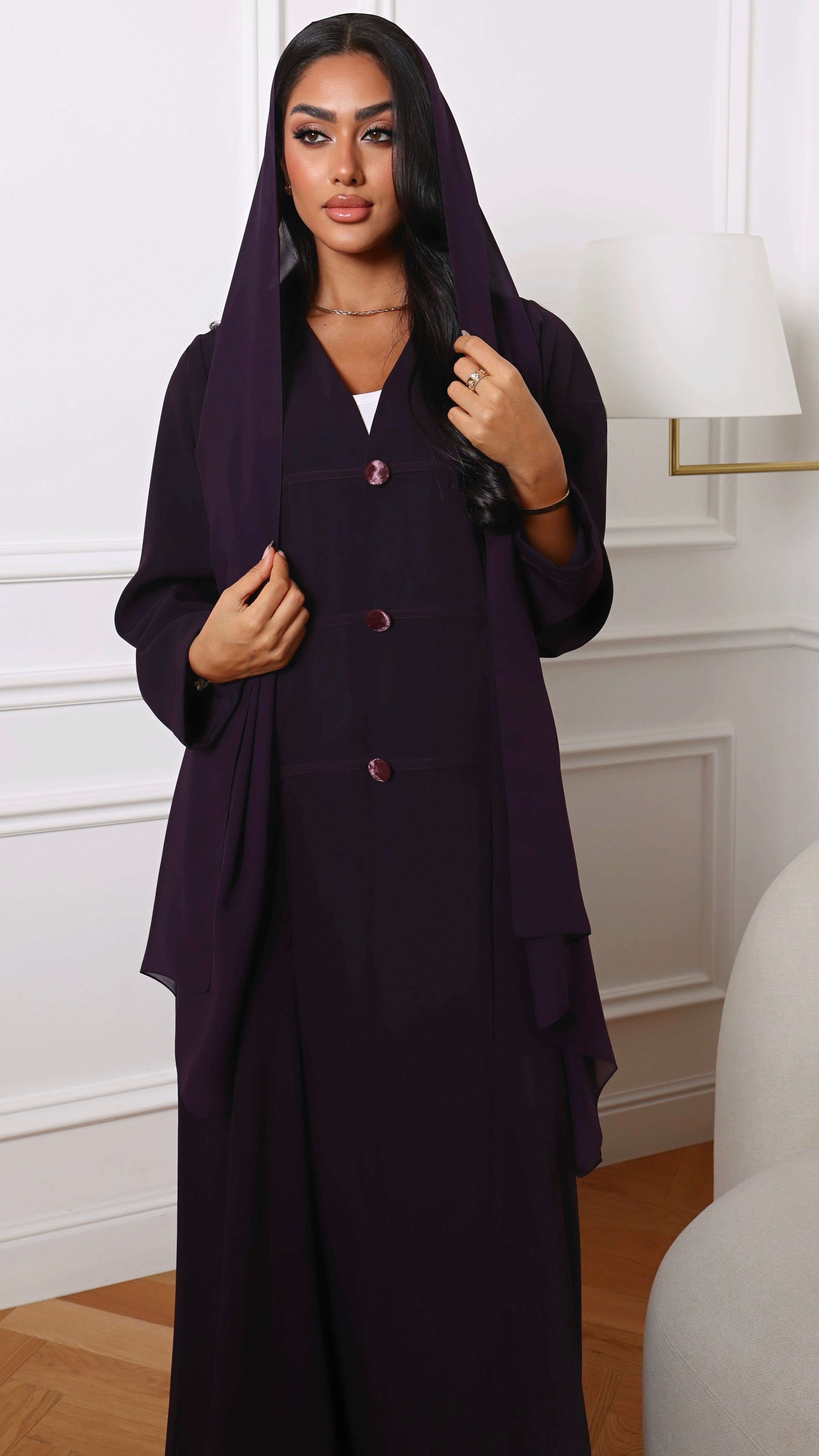 E148- Purple velvet button abaya