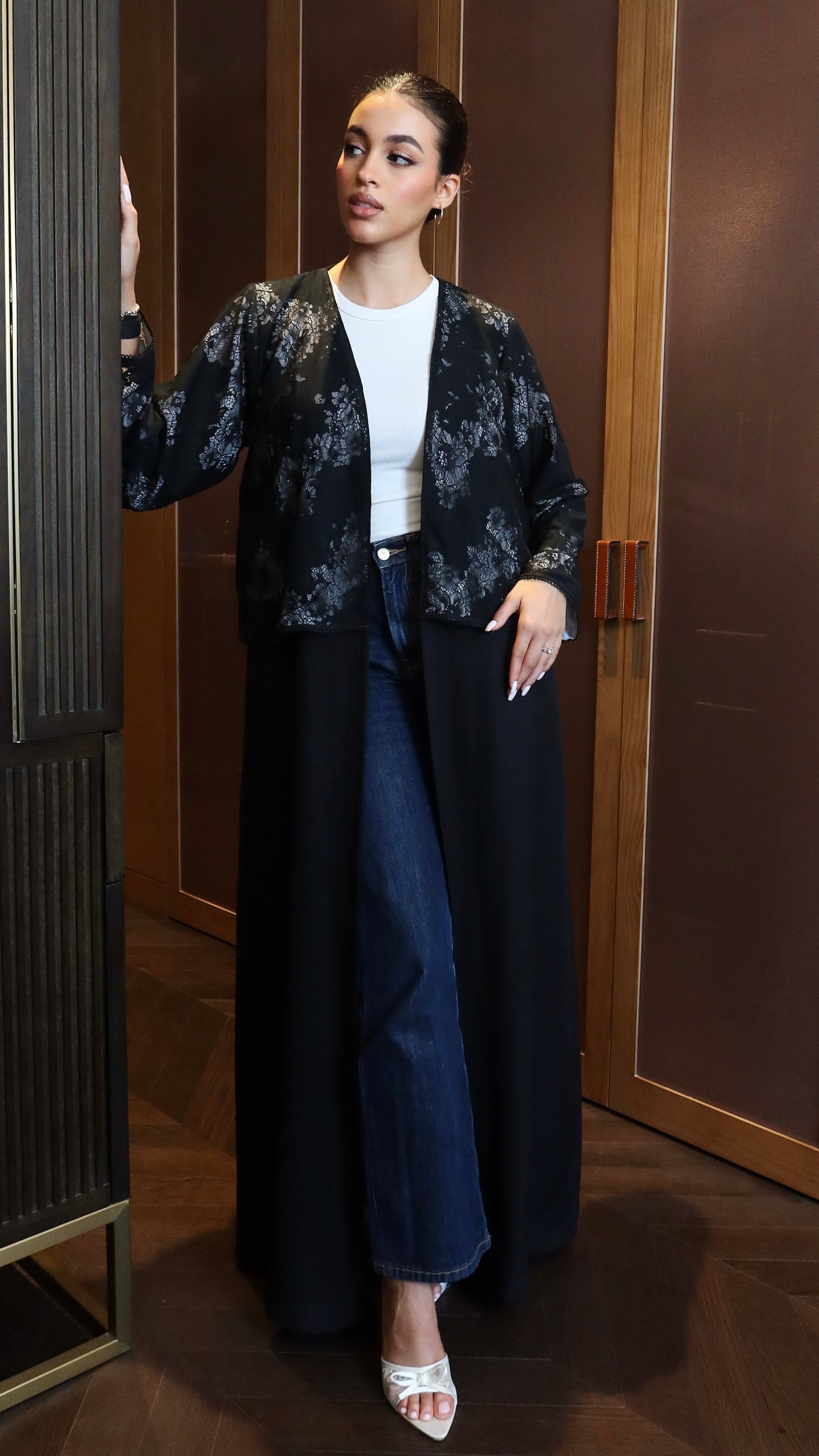 E132- Black & Grey lace linen abaya