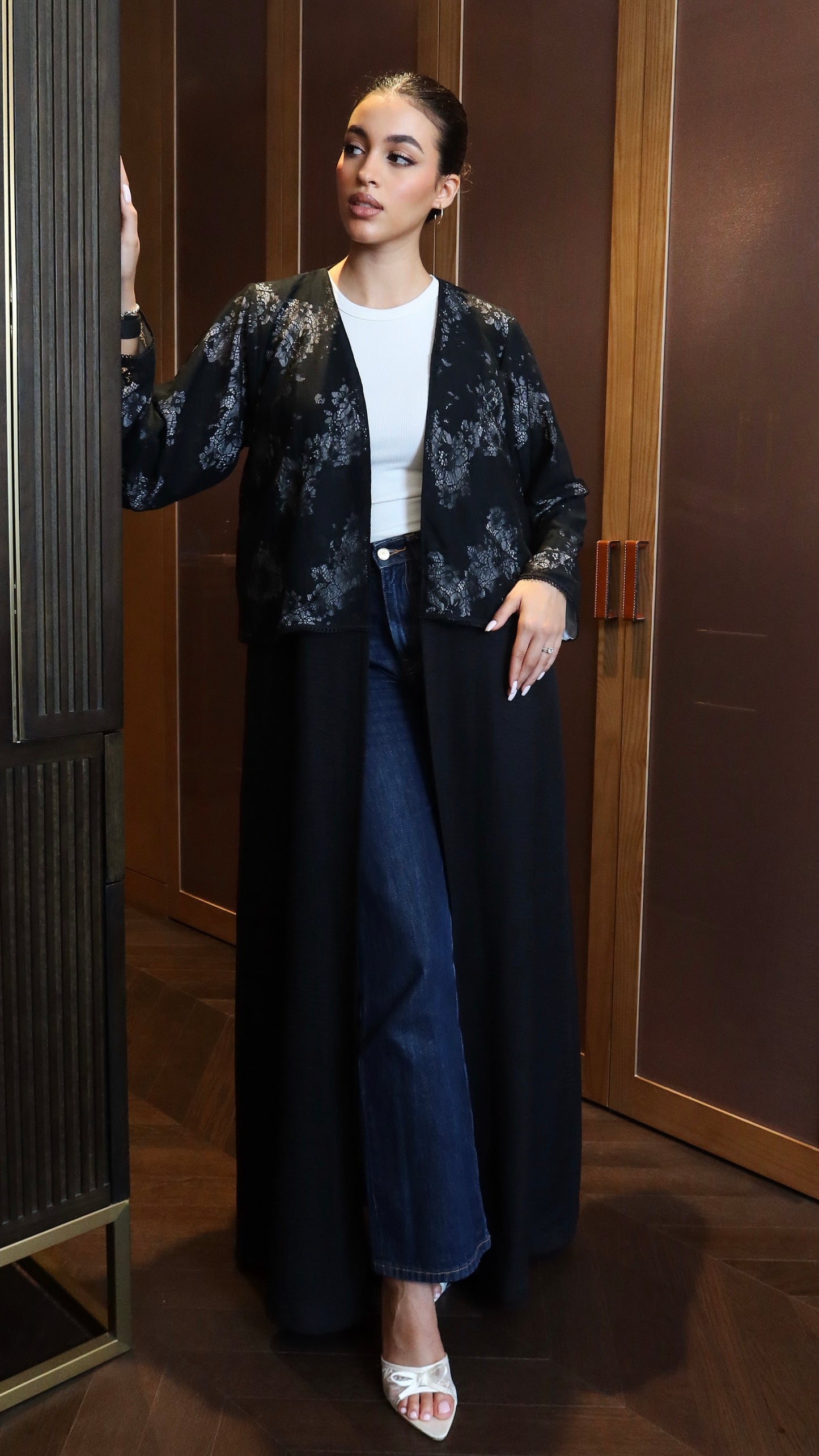 E132- Black & Grey lace linen abaya
