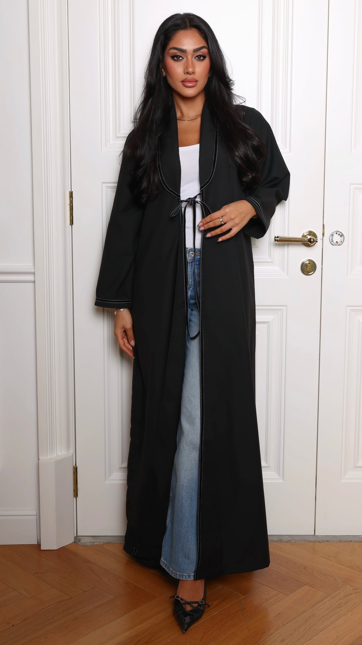 E145 - Black velvet ribbon abaya (Shaila not included)