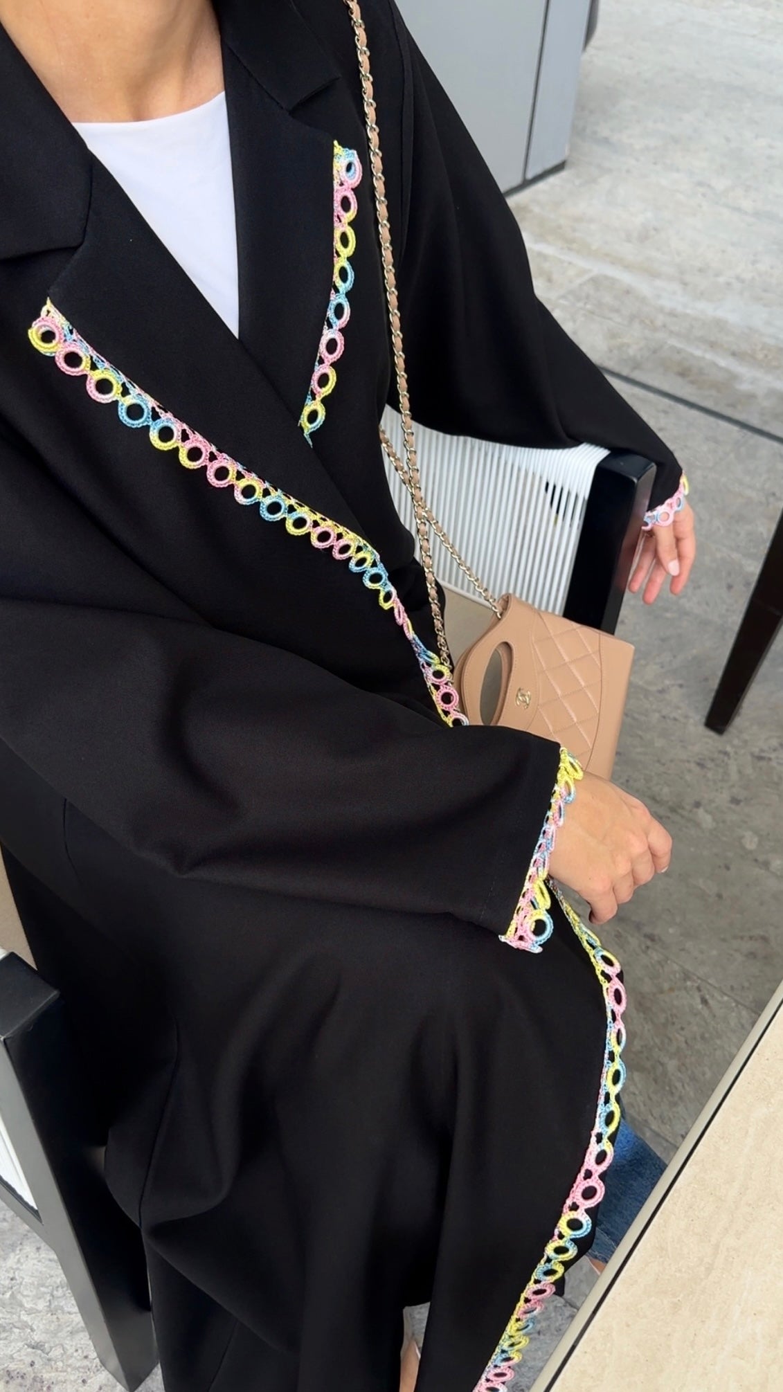 E139- Rainbow Crochet colar abaya black ( Shaila not included)