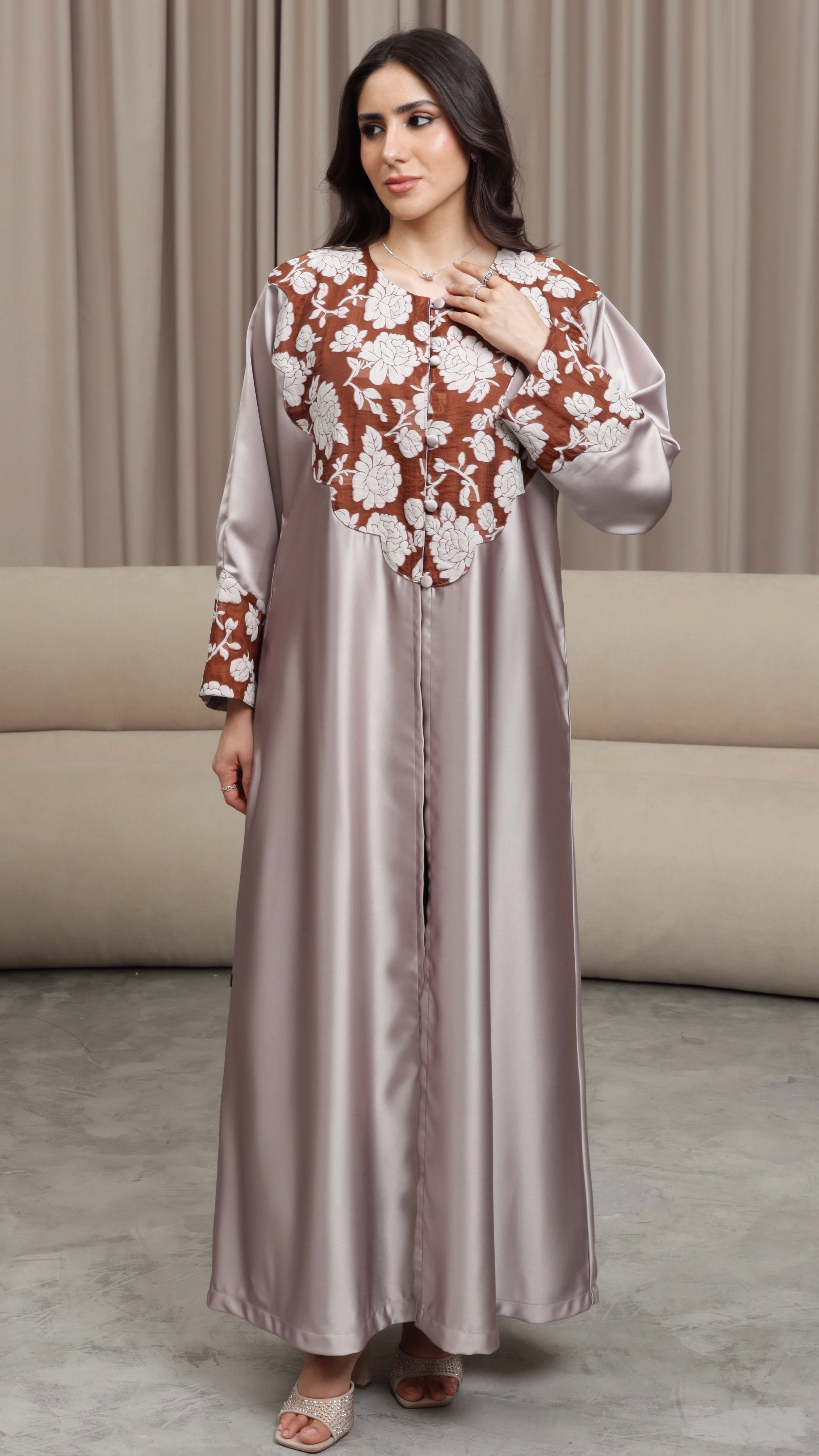 E111- Rosewood Satin abaya brown floral