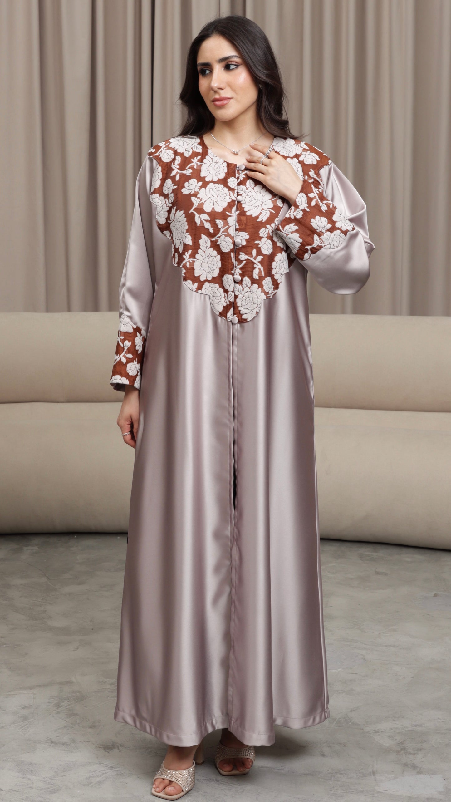 E111- Rosewood Satin abaya brown floral
