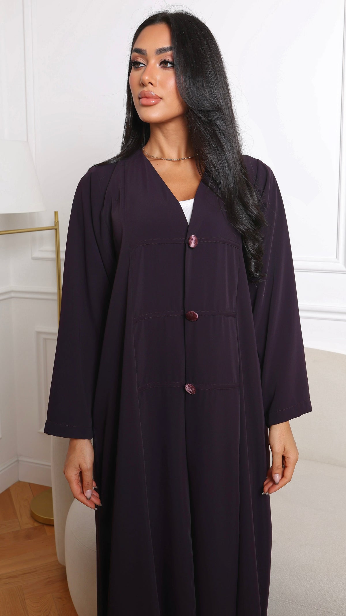 E148- Purple velvet button abaya