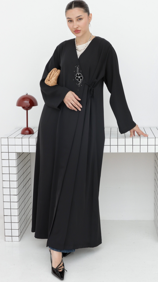 E67- Summery Black abaya with white floral handwork Crepe ( A- line)