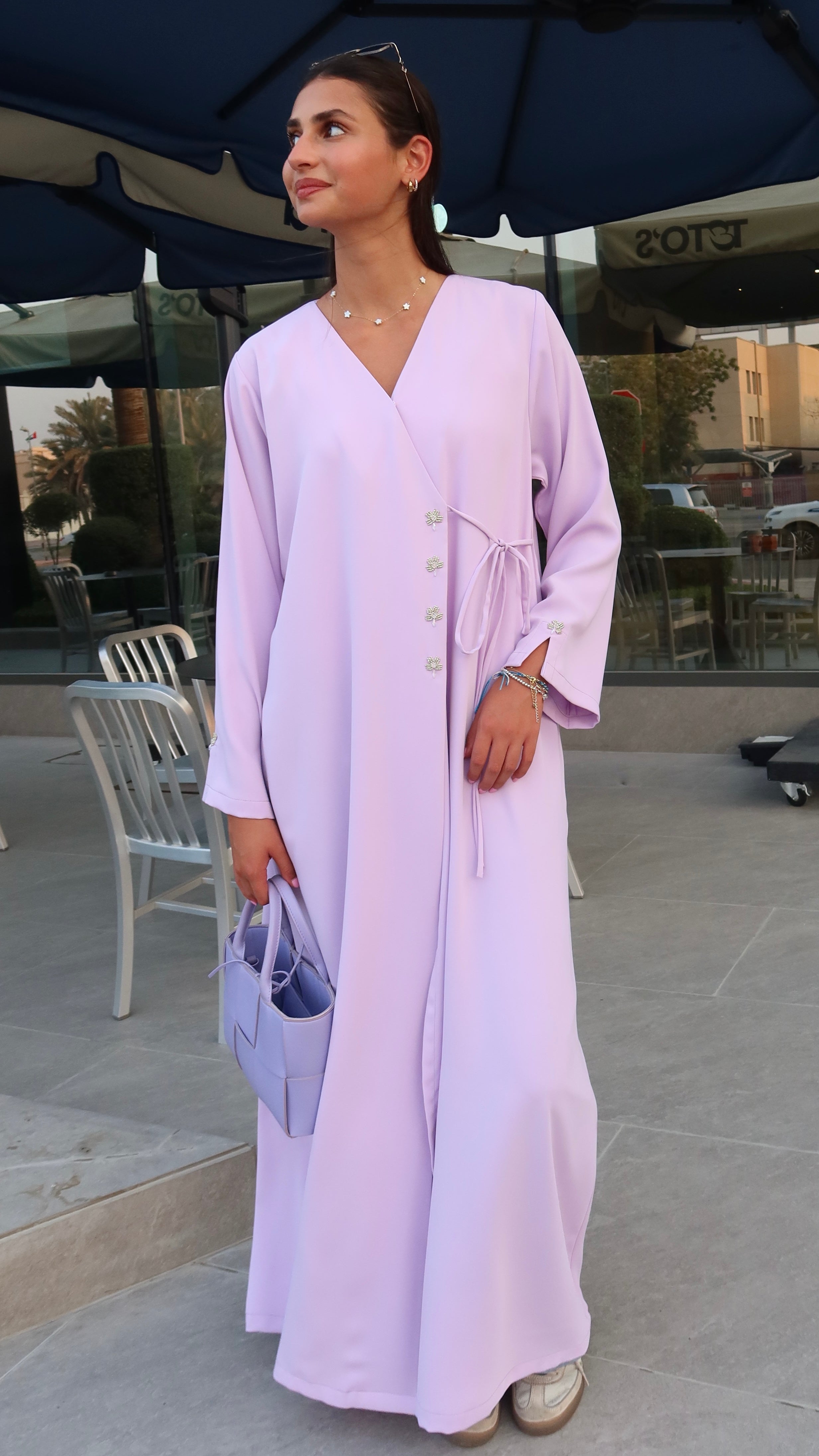 E138- Summer casual lavendar wrap abaya with Handwork