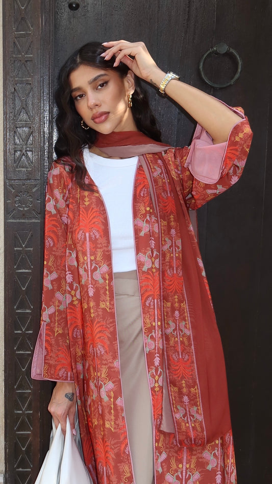 E58- Summery Orange palm tree abaya Crepe ( A - line )