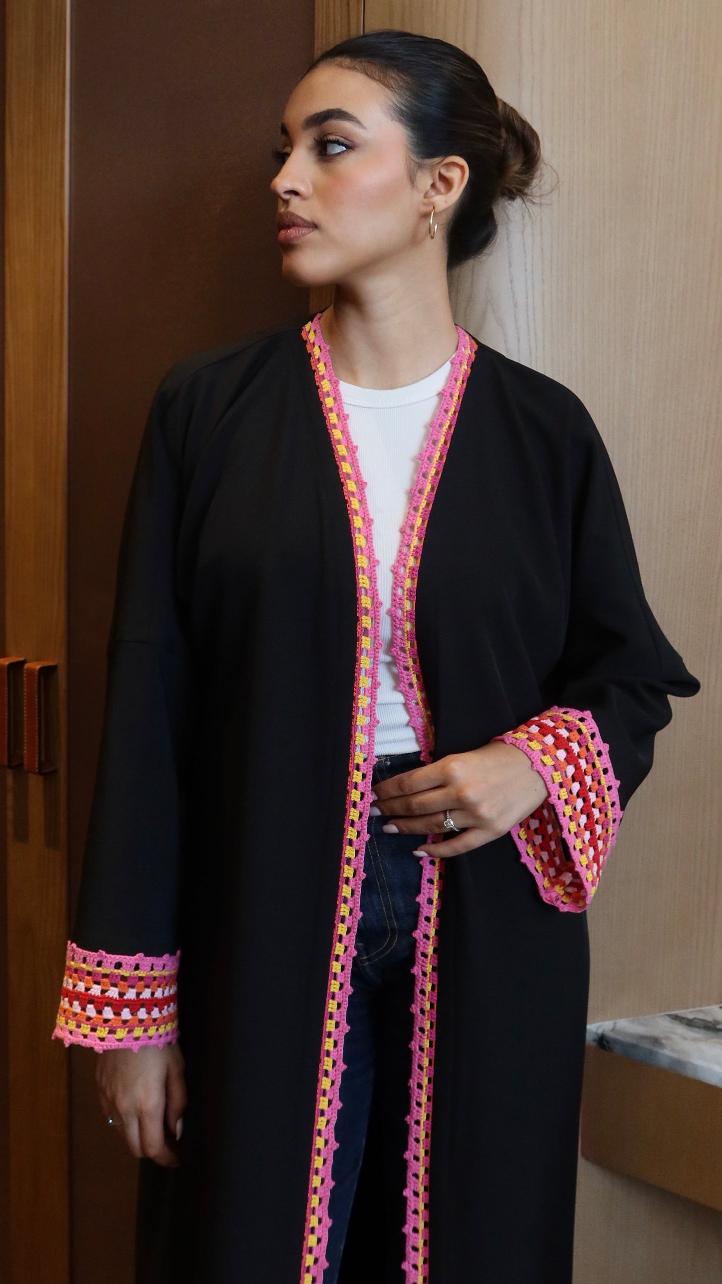 E124- Summer Crochet black abaya