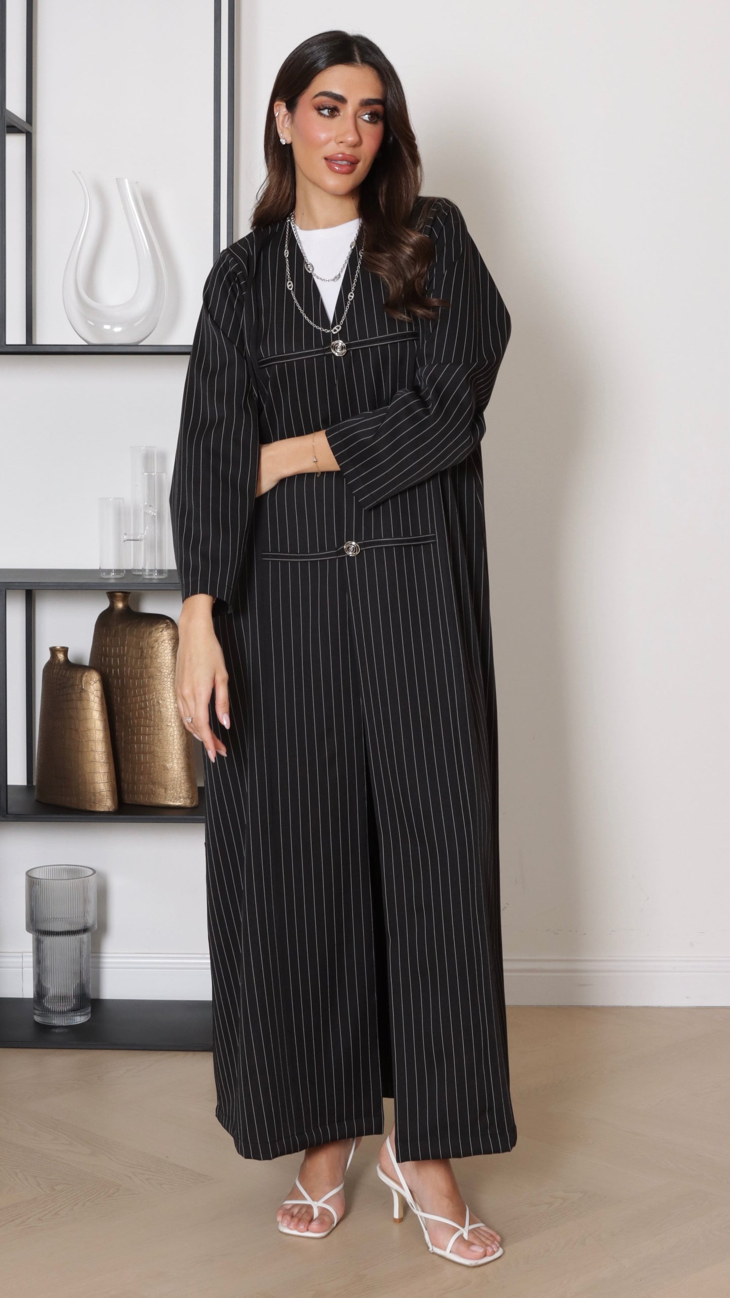 E110-Black Stripes fabric with buttons