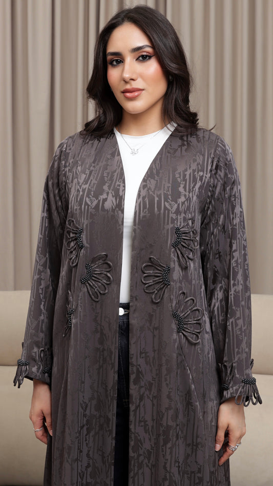 E117- Grey Jacquard bloom abaya