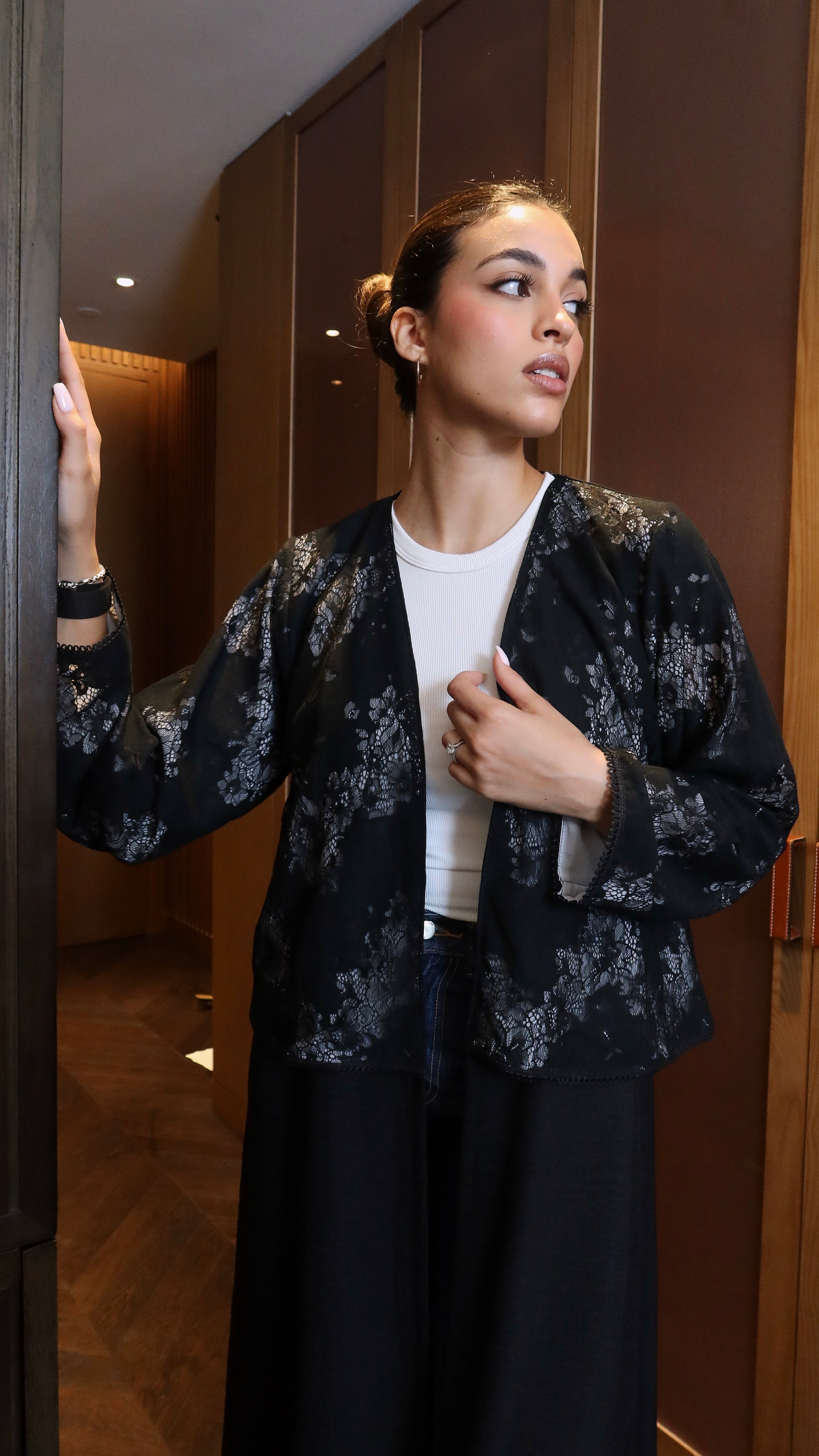 E132- Black & Grey lace linen abaya