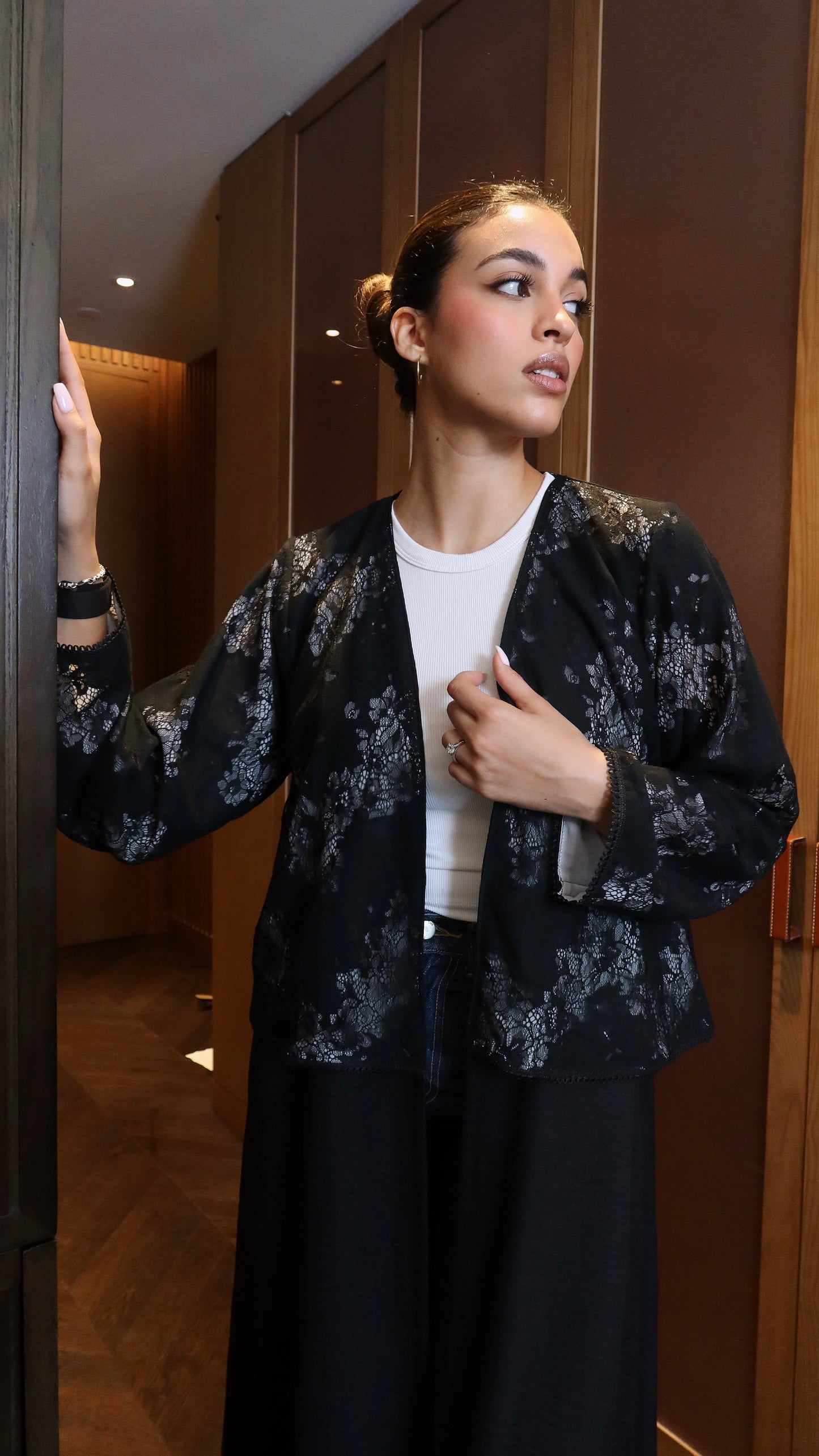 E132- Black & Grey lace linen abaya