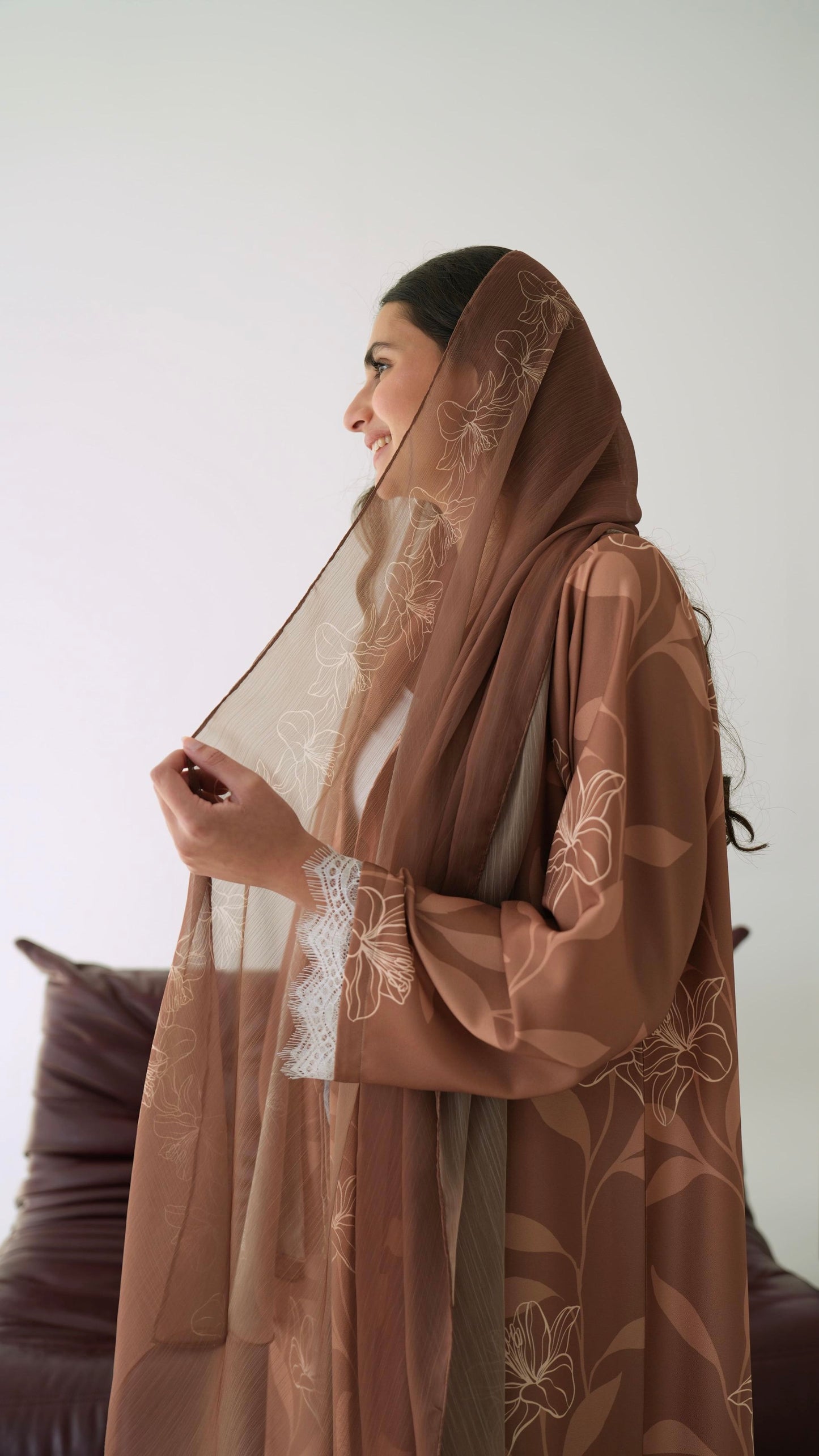 E103 Beige floral abaya with white lace( Ready to Ship)