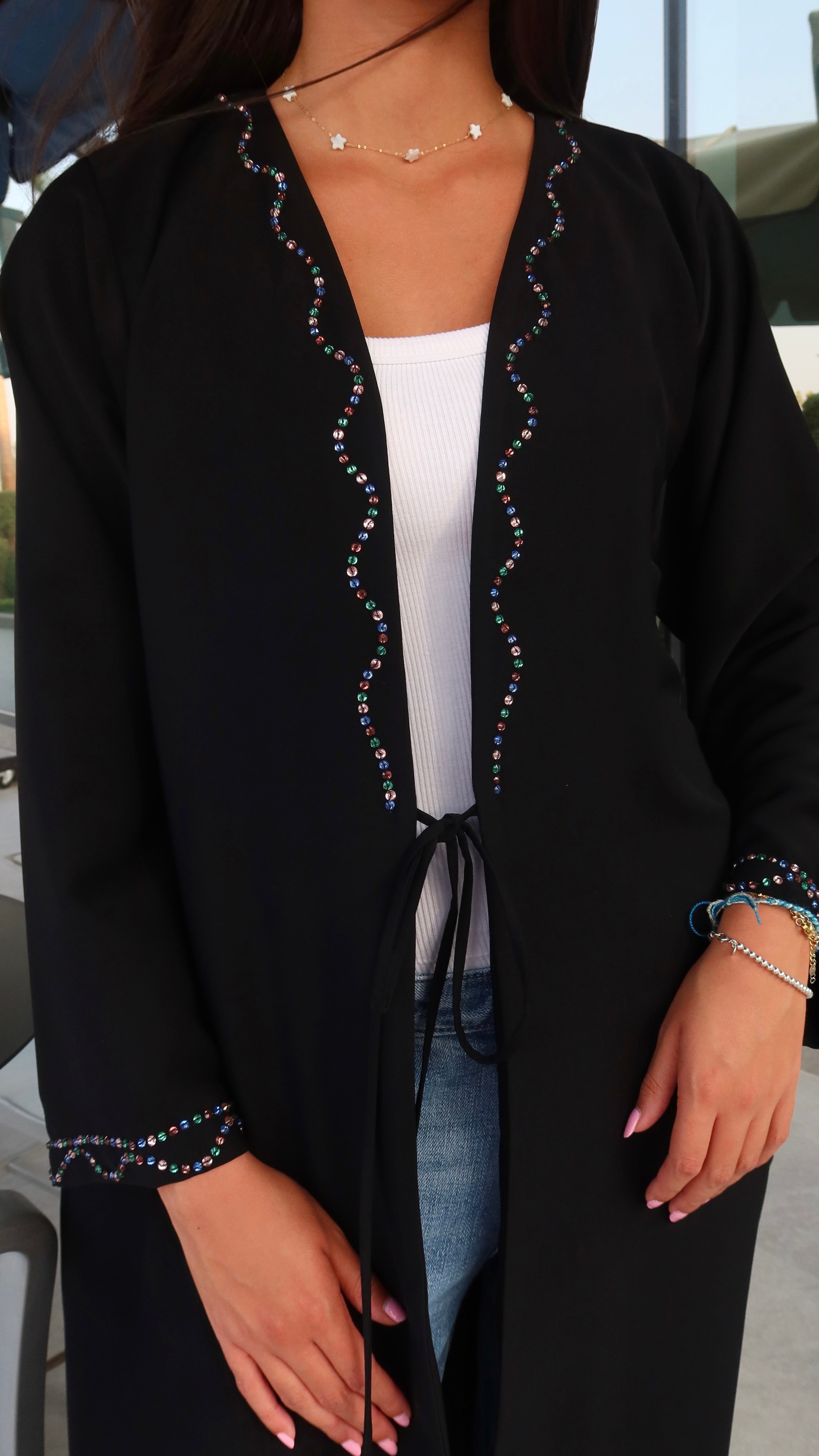 E133- Summer casual Black abaya with colored studs ( Shaila not included)