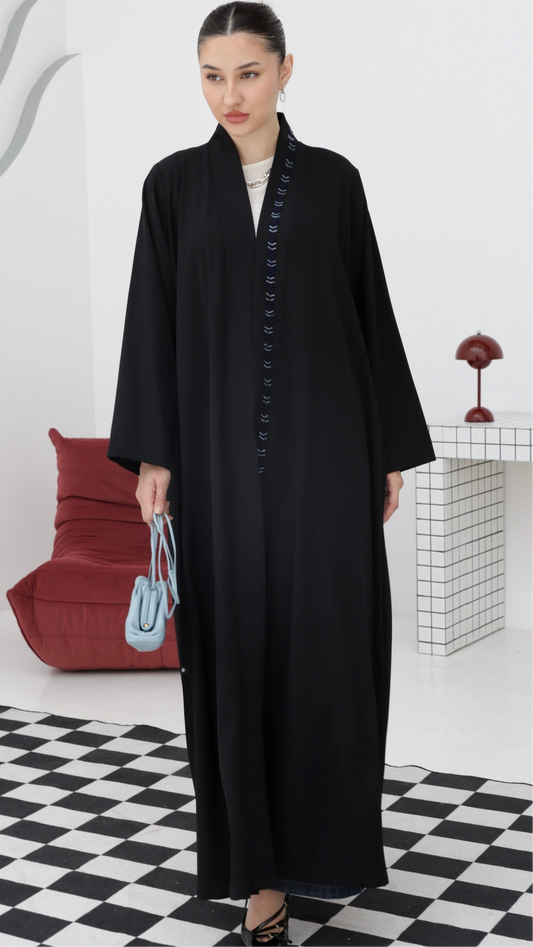 E69- Summery Black crepe abaya with blue beads ( A-line)