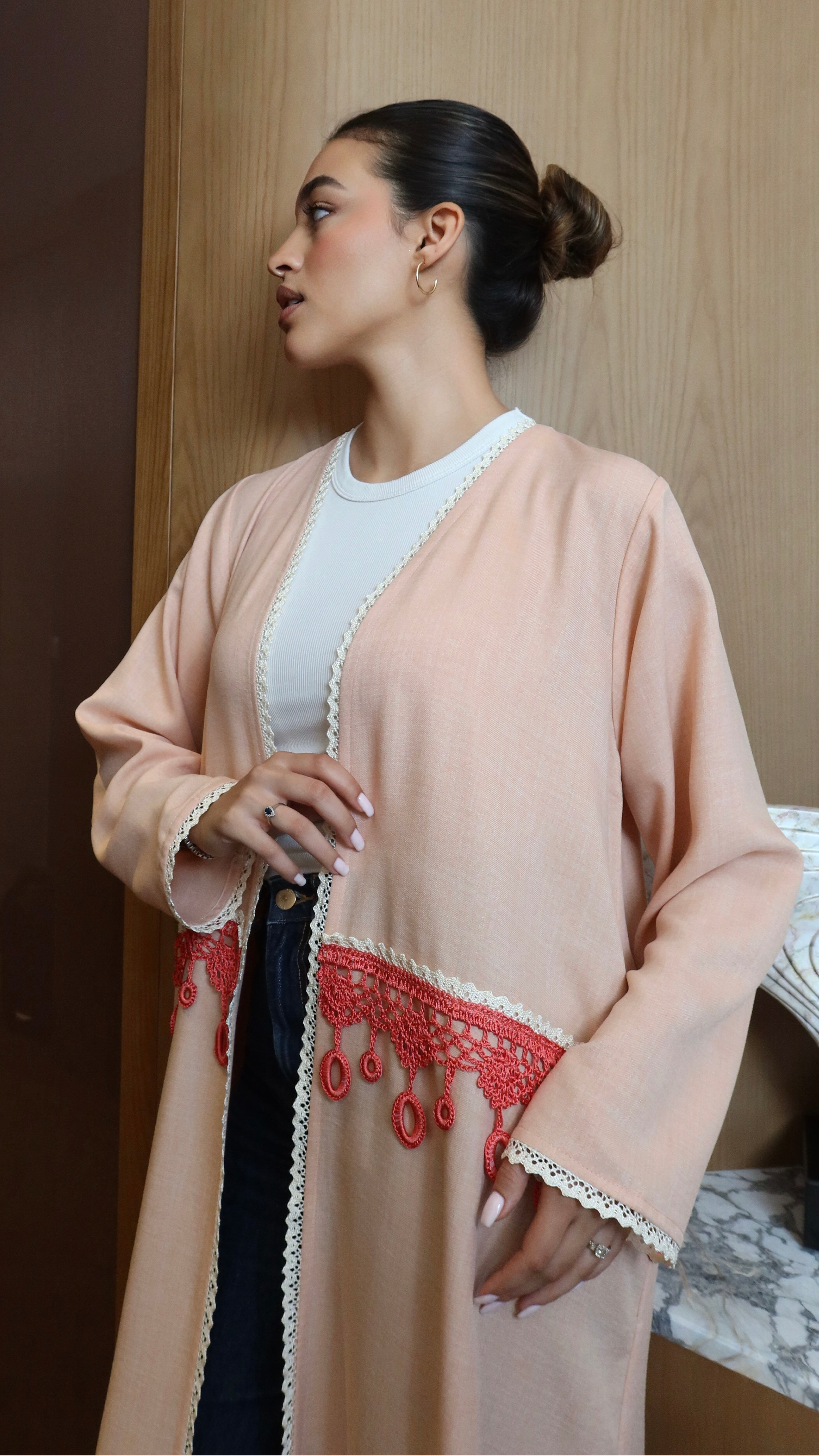 E122- Summer Crochet Peach Abaya