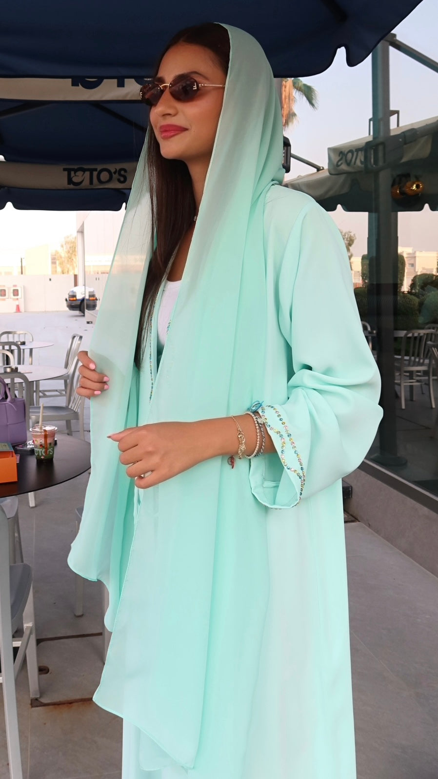 E134- casual summer abaya , Green with colored studs