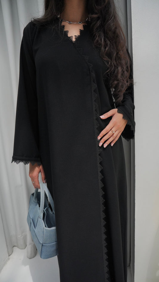 E91- Black abaya with lace piping