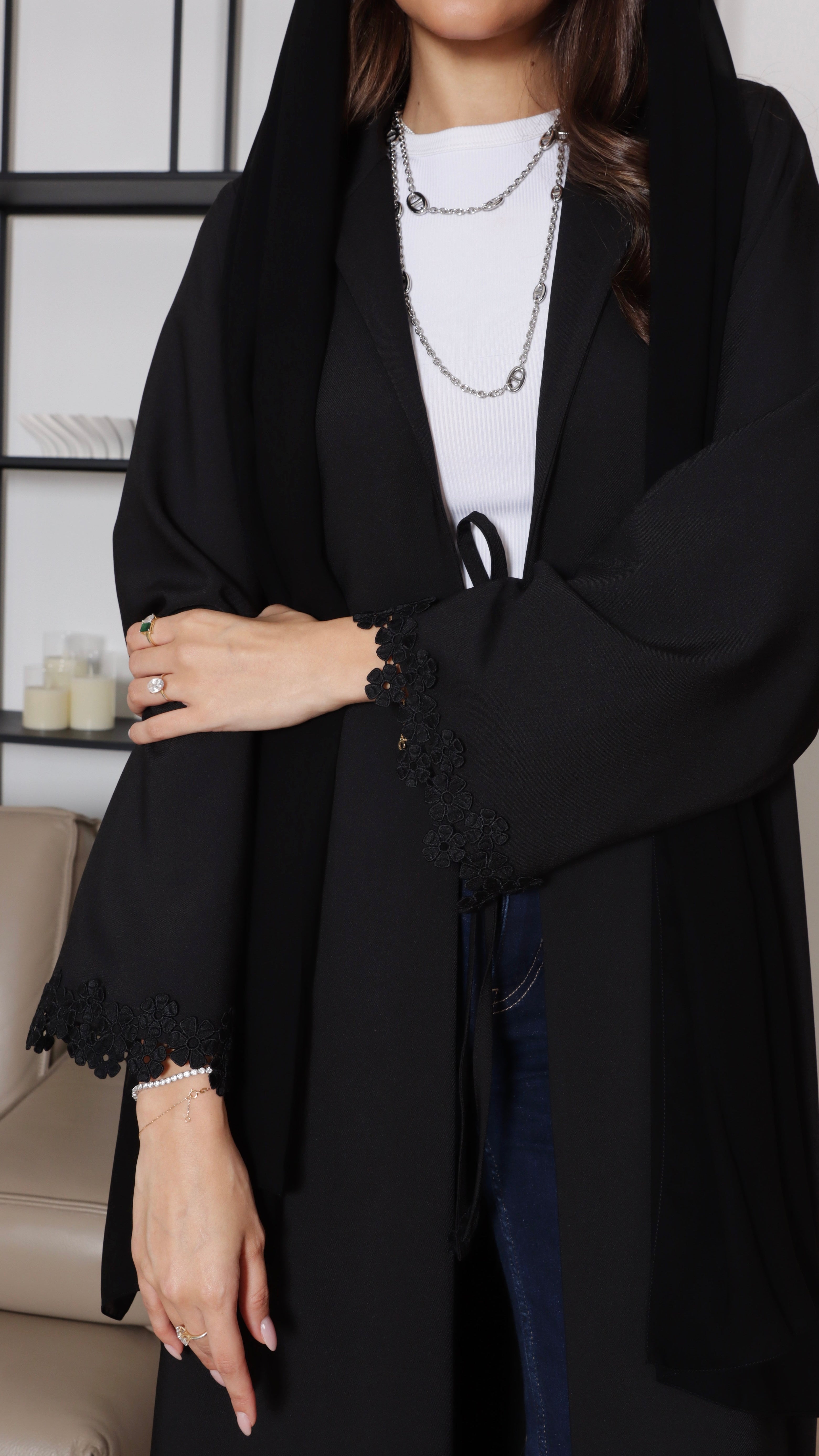 E107- Black casual abaya with floral lace
