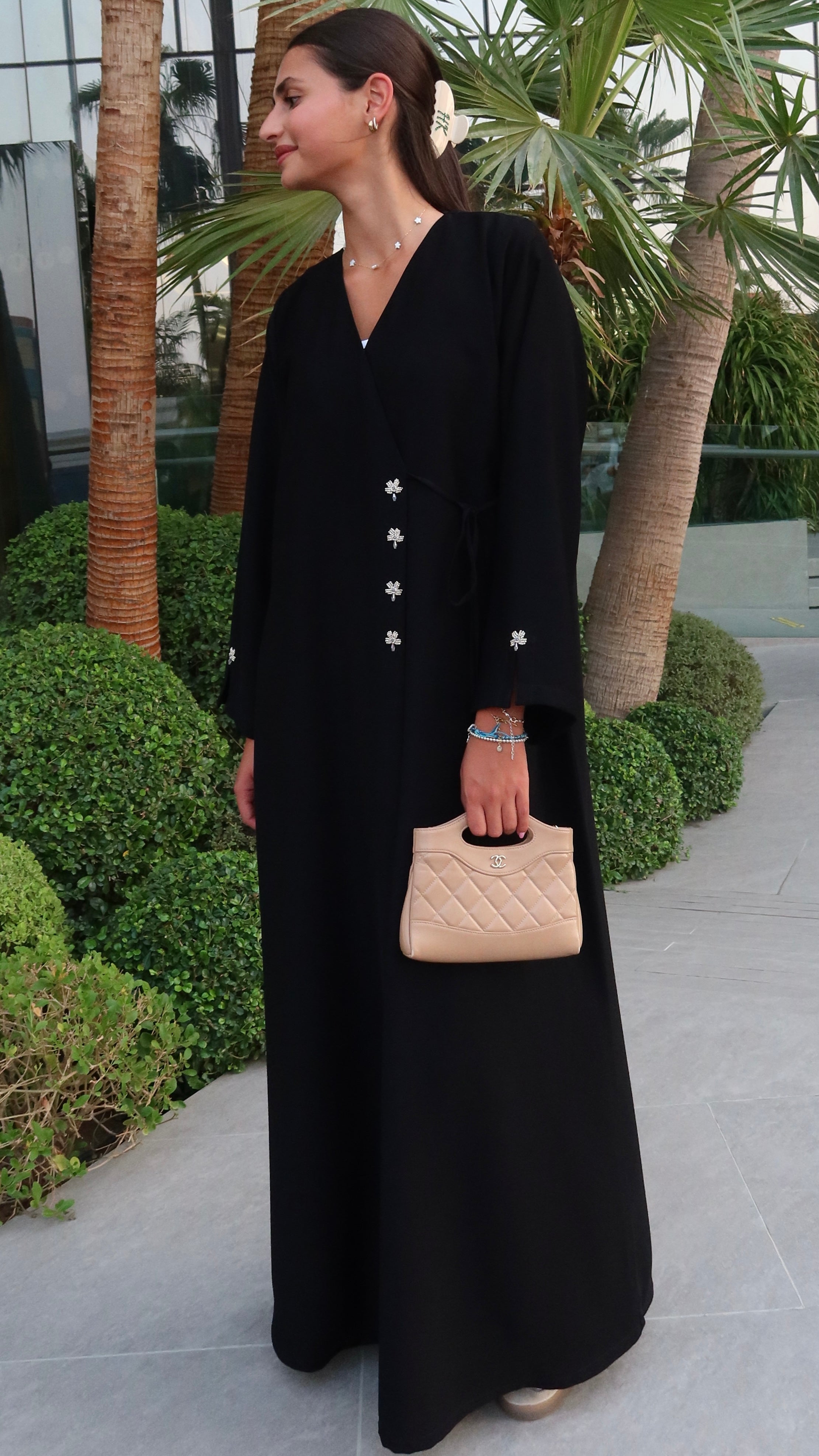E137- Summer casual Black wrap abaya with Handwork ( Shaila not included)
