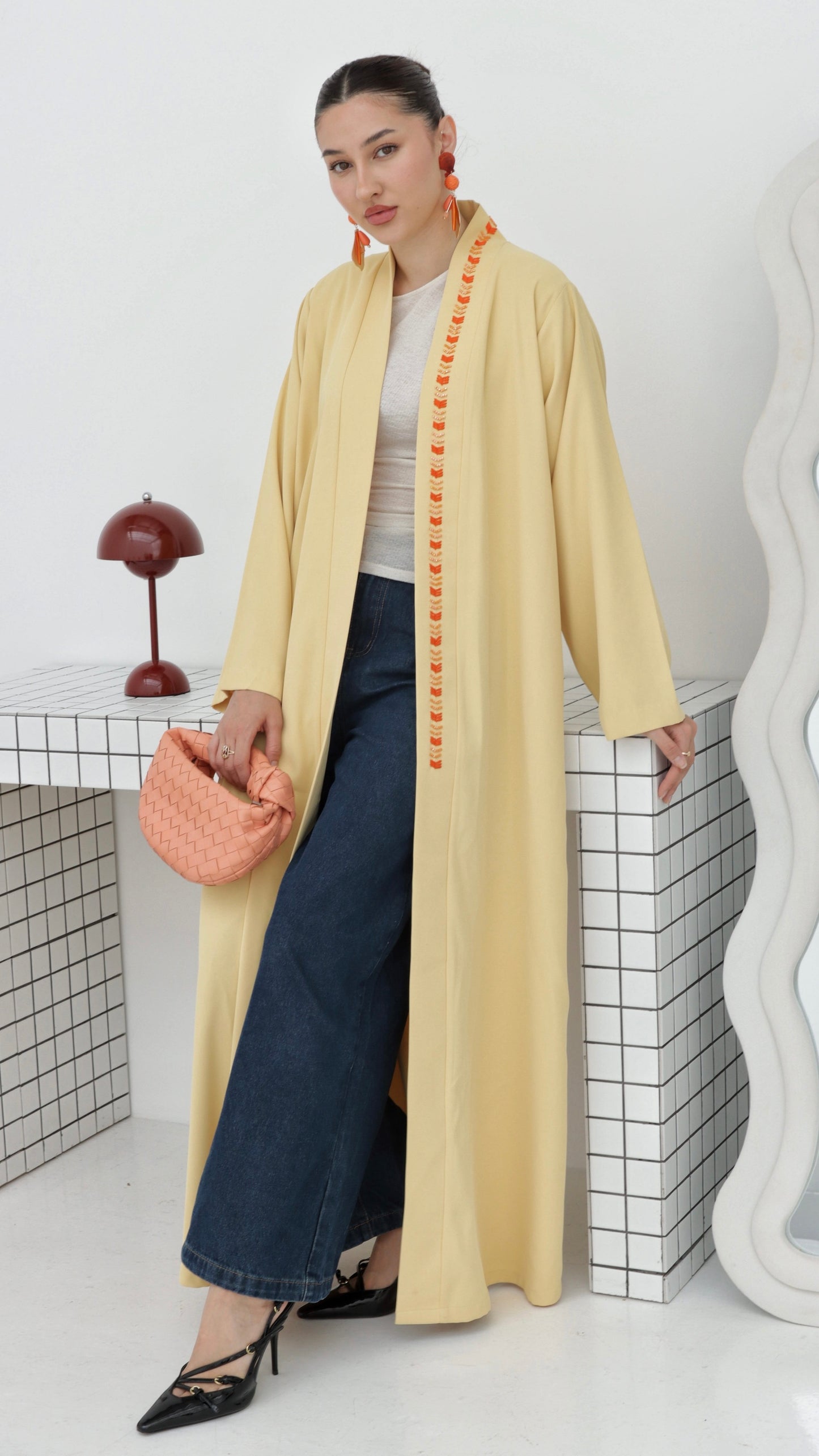 E69- Summery Butter Yellow crepe abaya with orange beads (A-line)