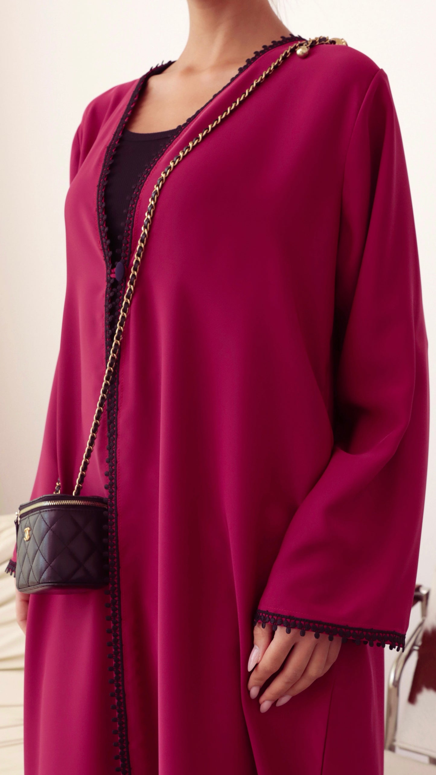 E98-Fuchsia with black lace abaya