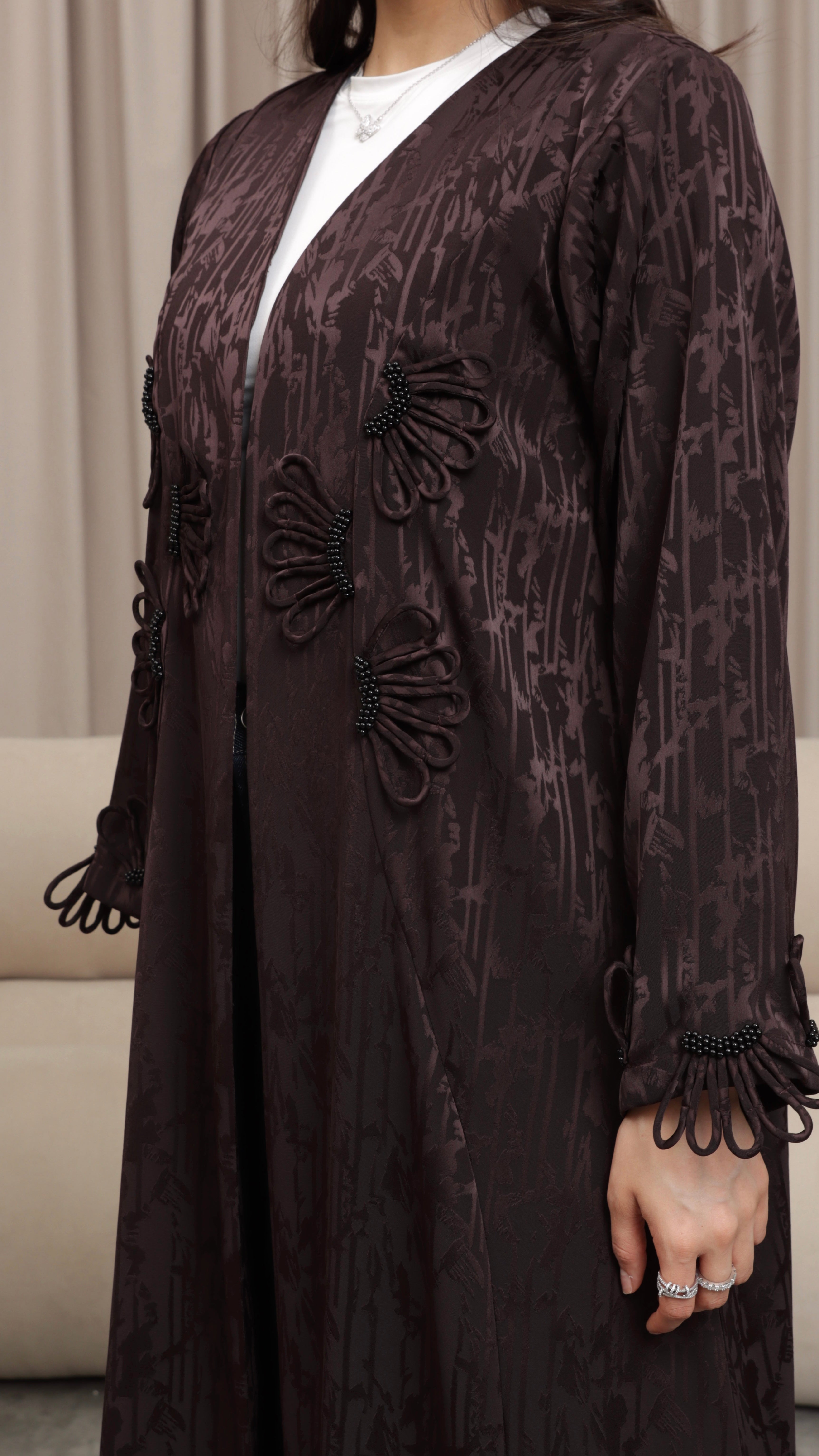 E116- Brown Jacquard bloom abaya
