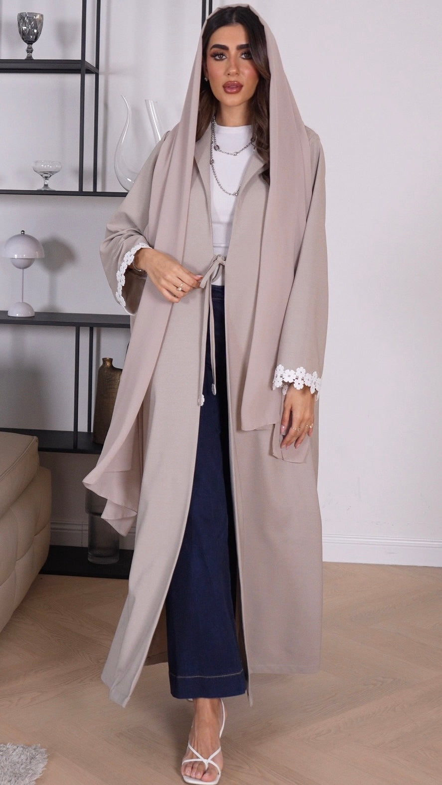 E106- Beige casual abaya with floral lace