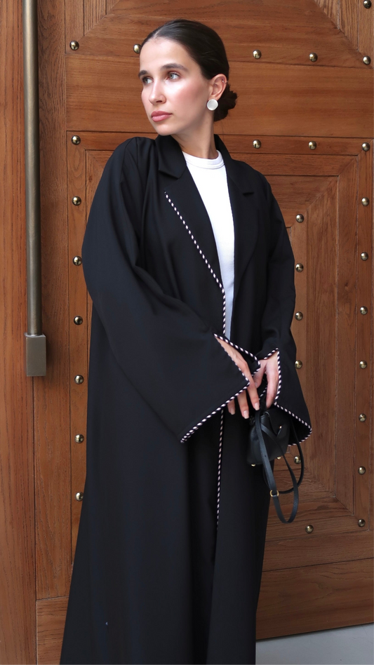 E66- Summery Black abaya with two toned piping Crepe ( A - line)