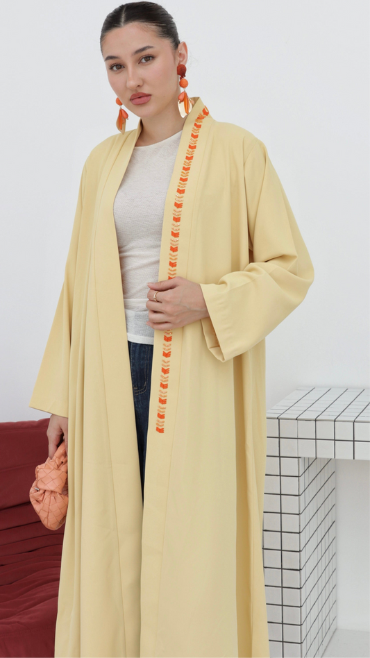 E69- Summery Butter Yellow crepe abaya with orange beads (A-line)
