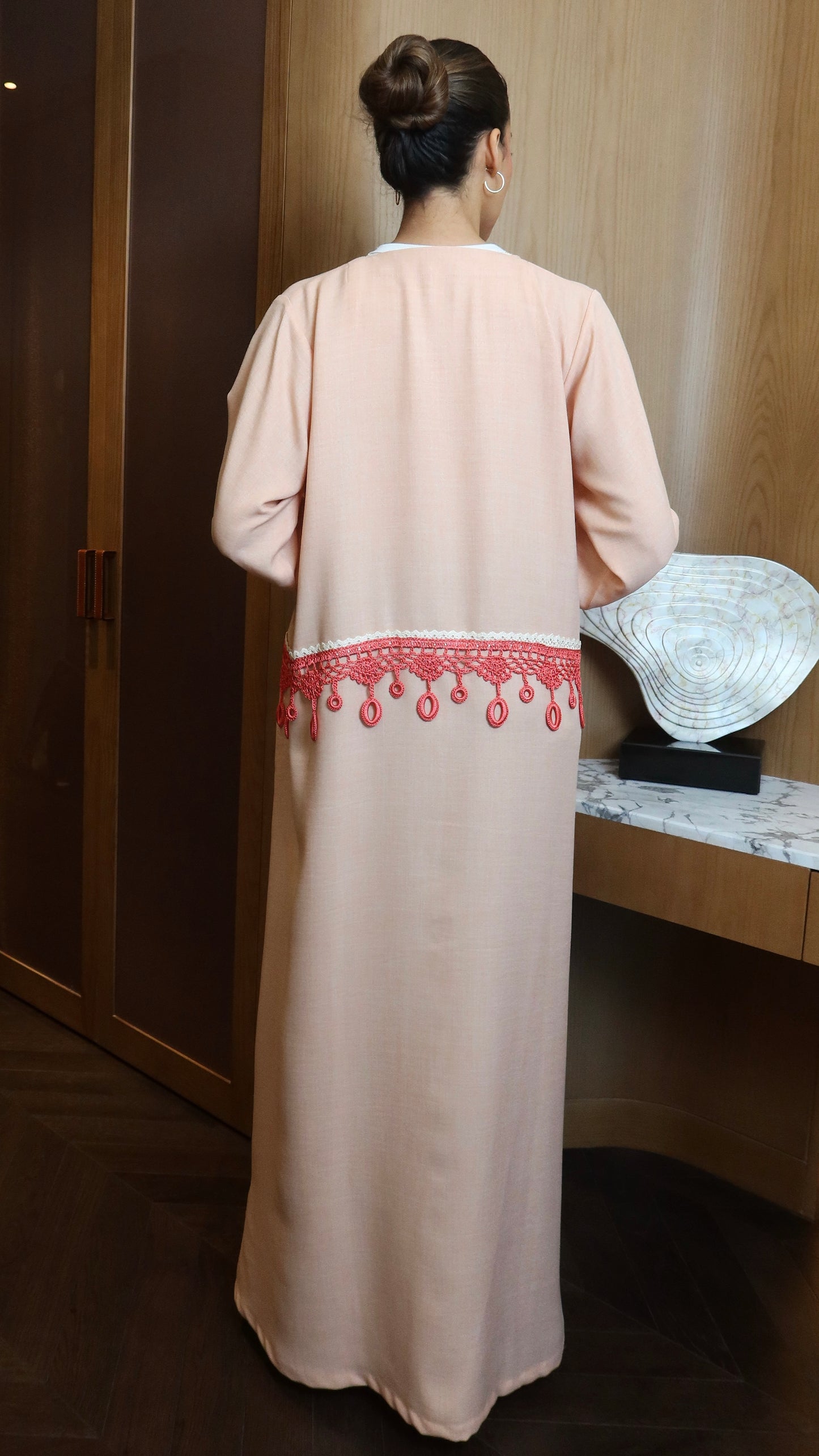 E122- Summer Crochet Peach Abaya