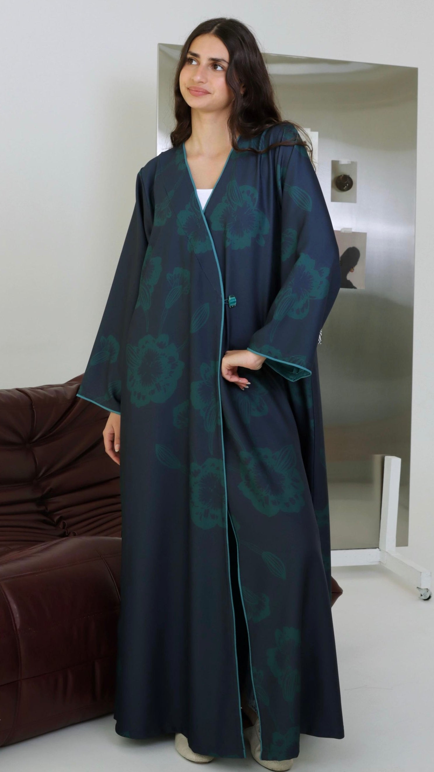 E102 Blue with green flowers print abaya ( Ready to Ship)