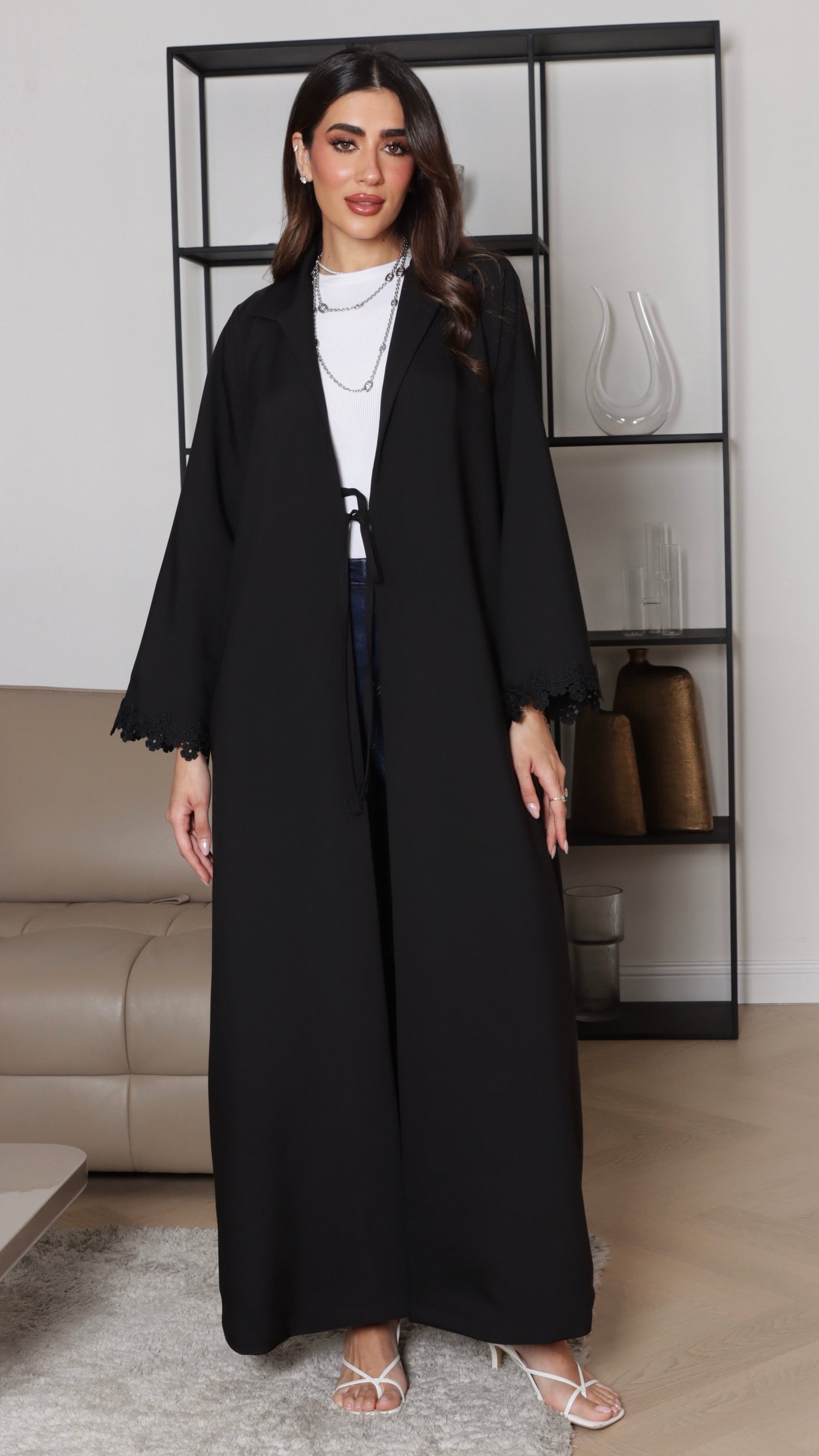 E107- Black casual abaya with floral lace