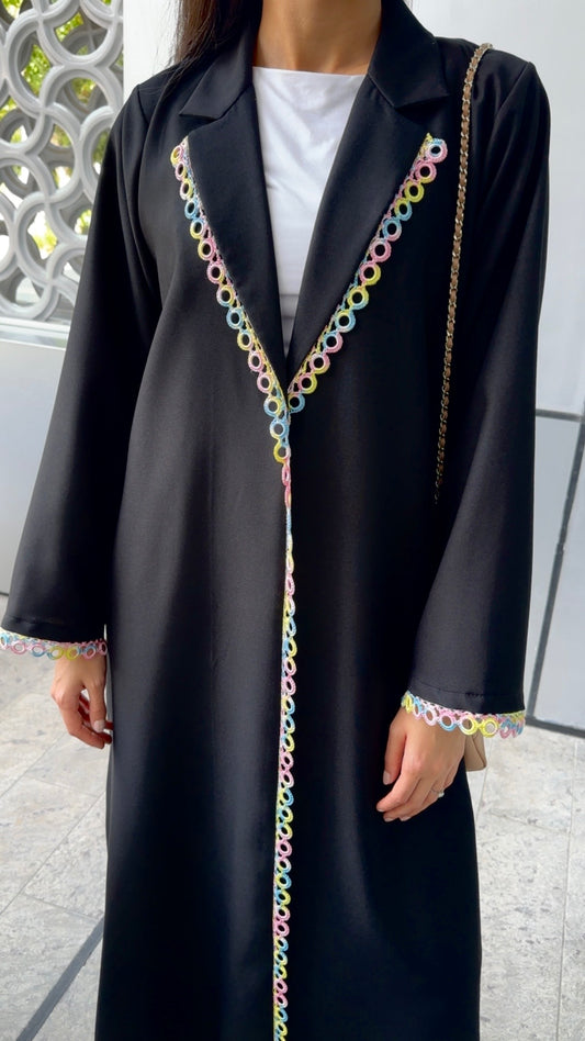 E139- Rainbow Crochet colar abaya black ( Shaila not included)
