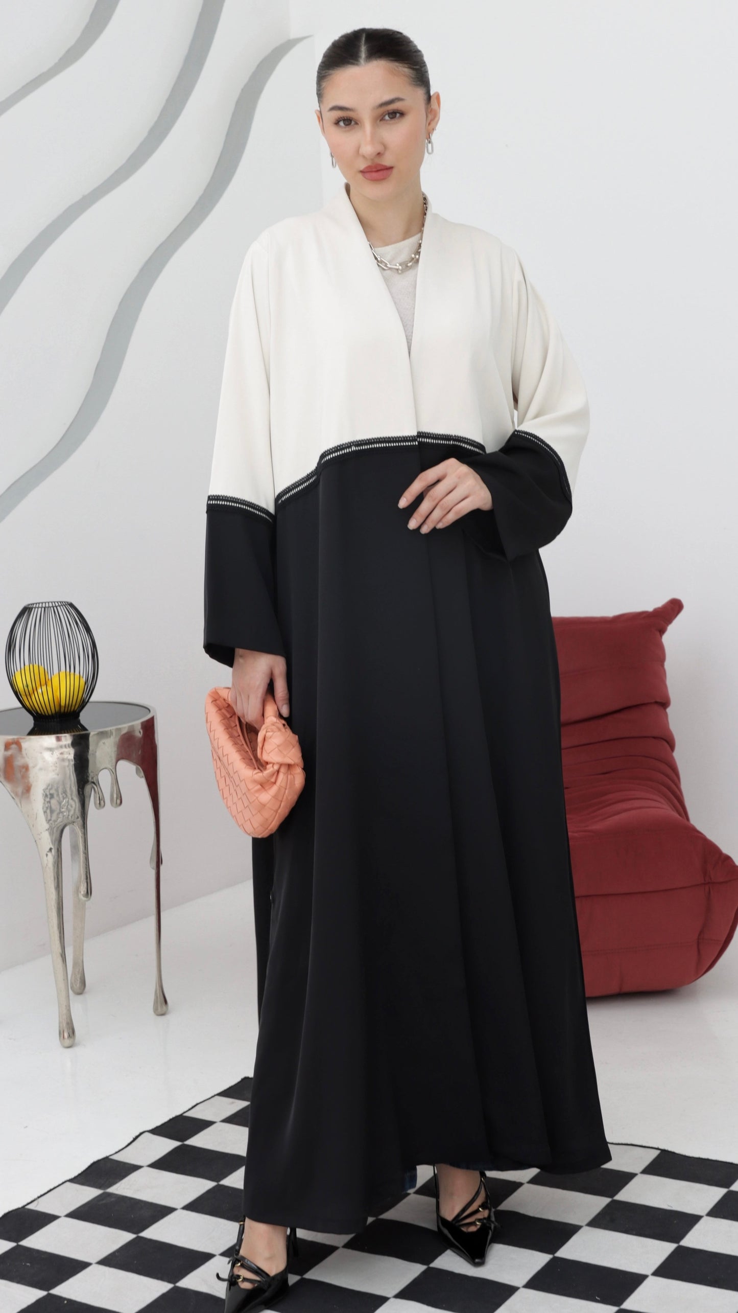 E68- Summery Black and white crepe abaya with lace ( A- line)