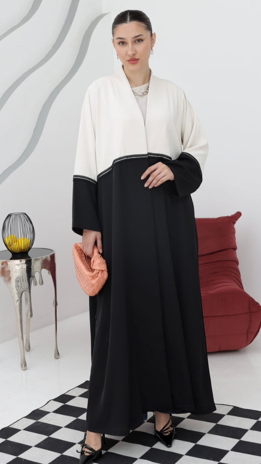 E68- Summery Black and white crepe abaya with lace ( A- line)