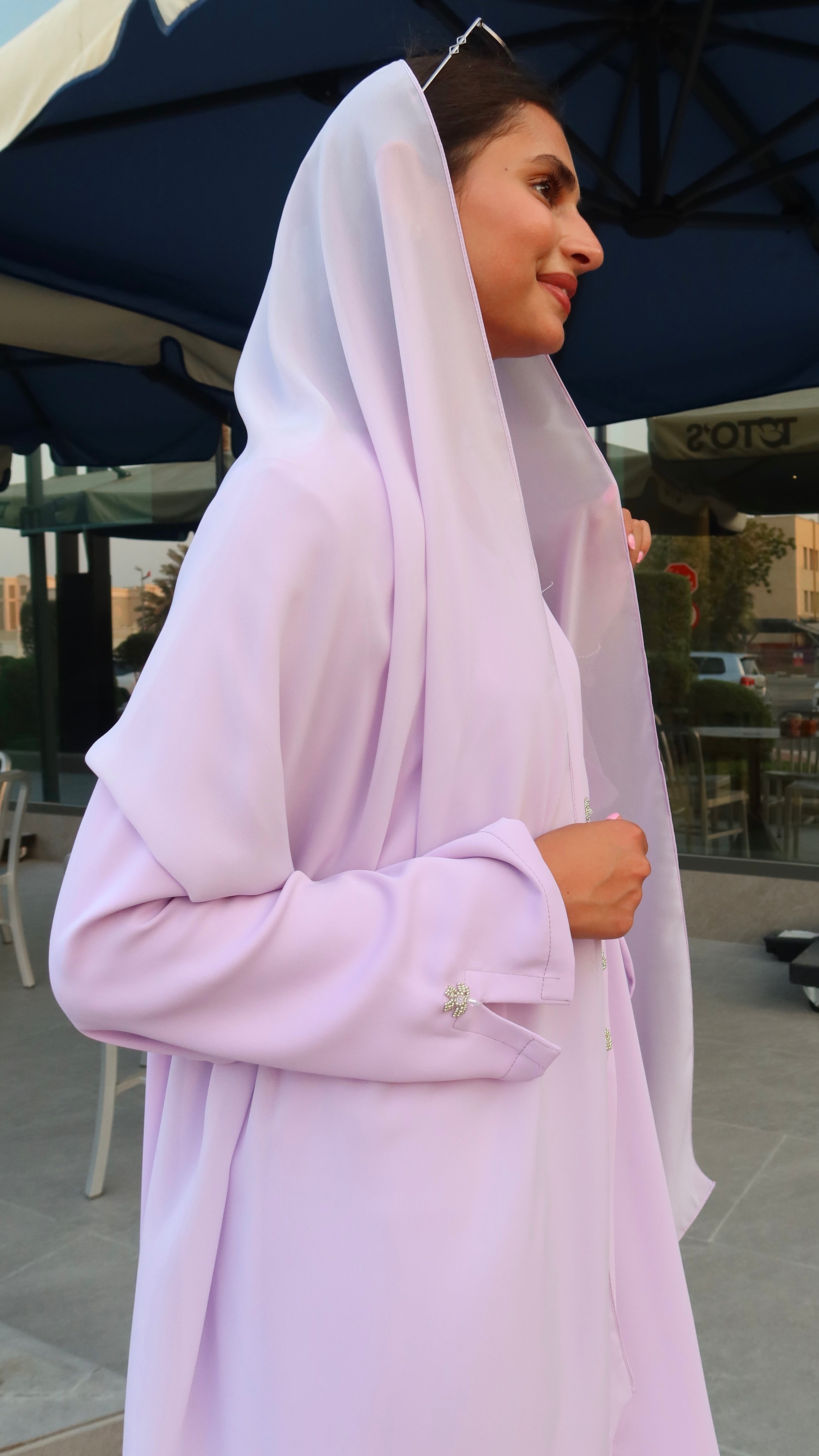 E138- Summer casual lavendar wrap abaya with Handwork