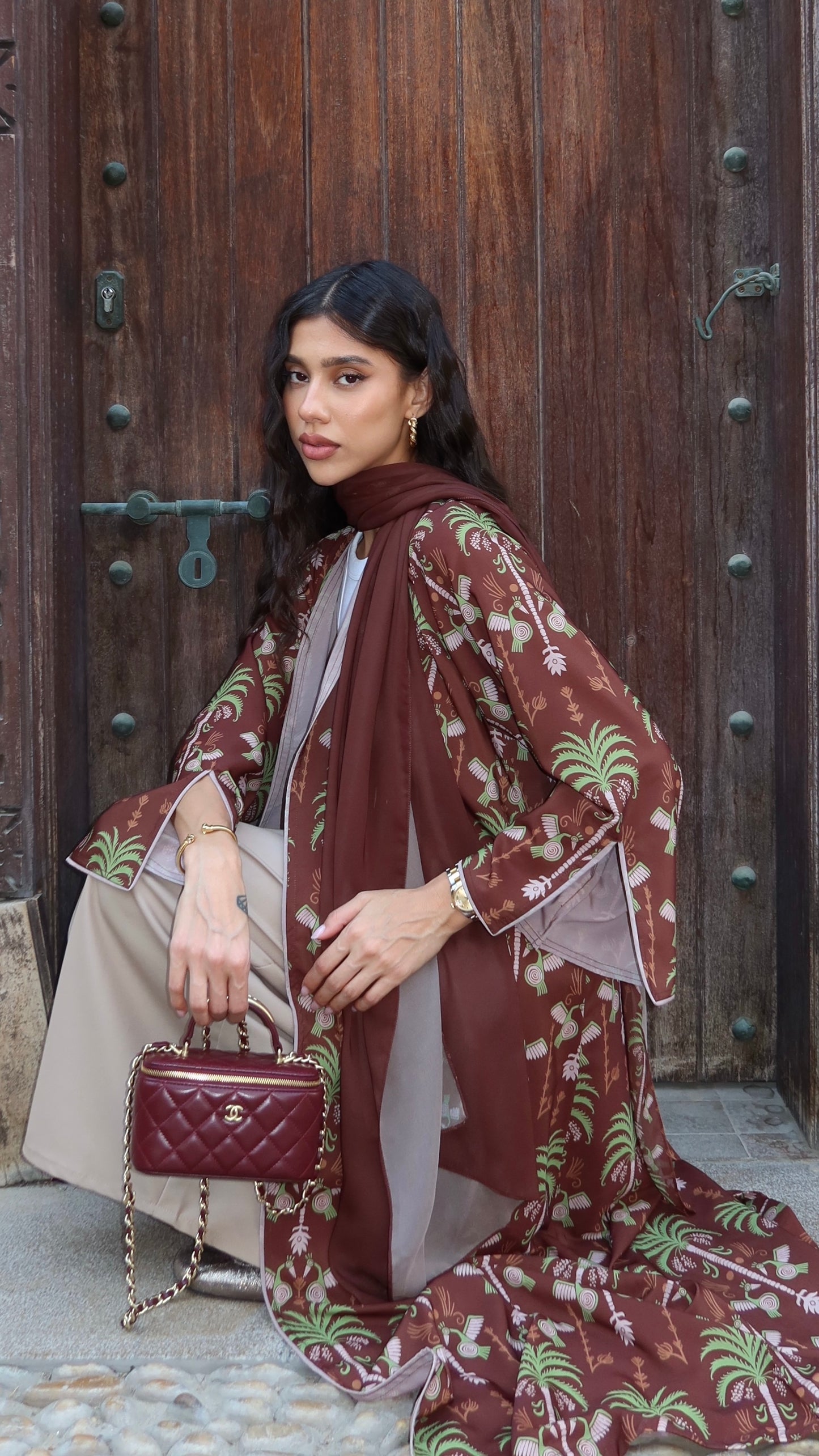 E58- Summery Brown palm tree abaya Crepe ( A - line )