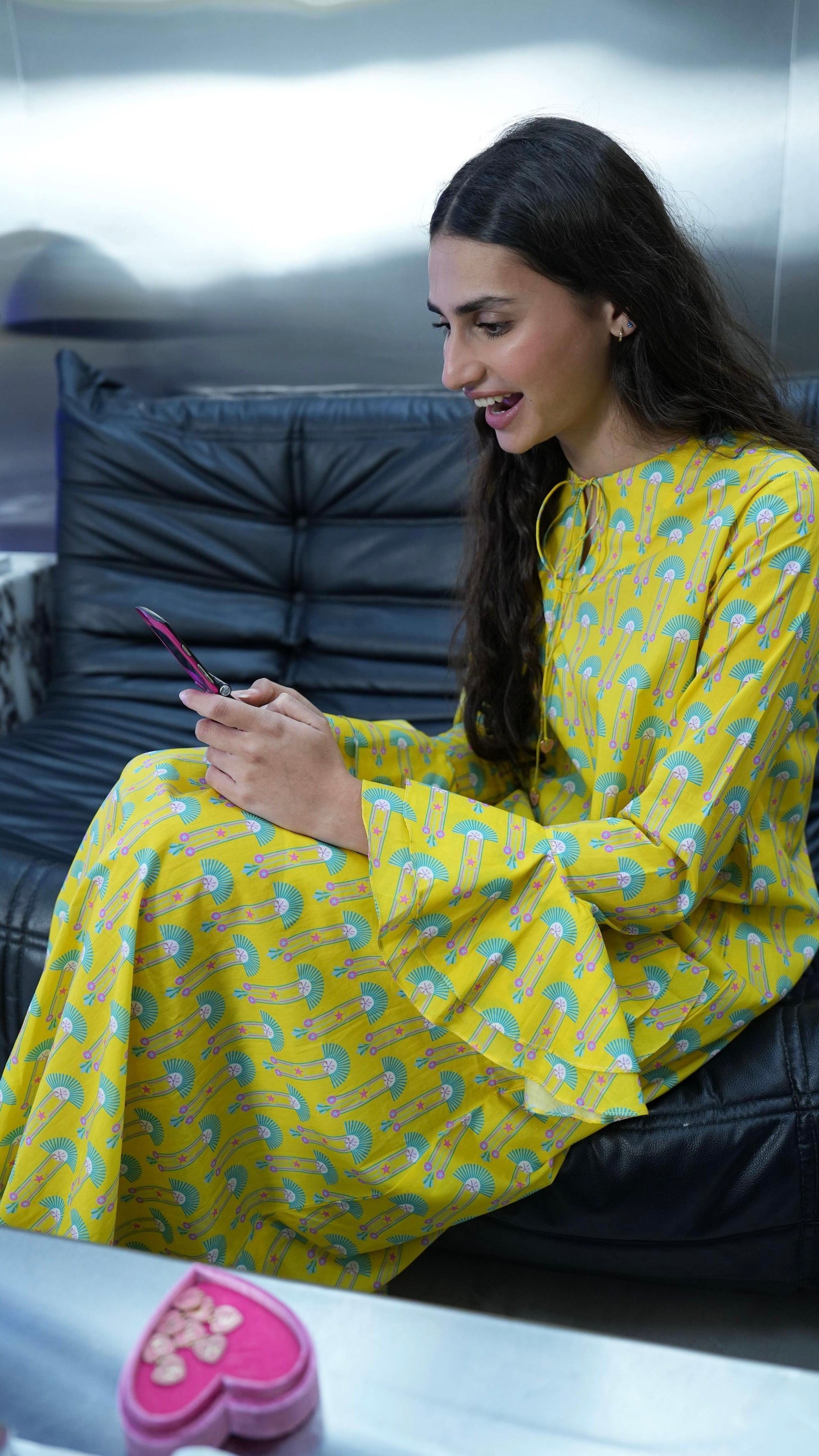 O66 Yellow kaftan with heart letters charm ( Ready to Ship)