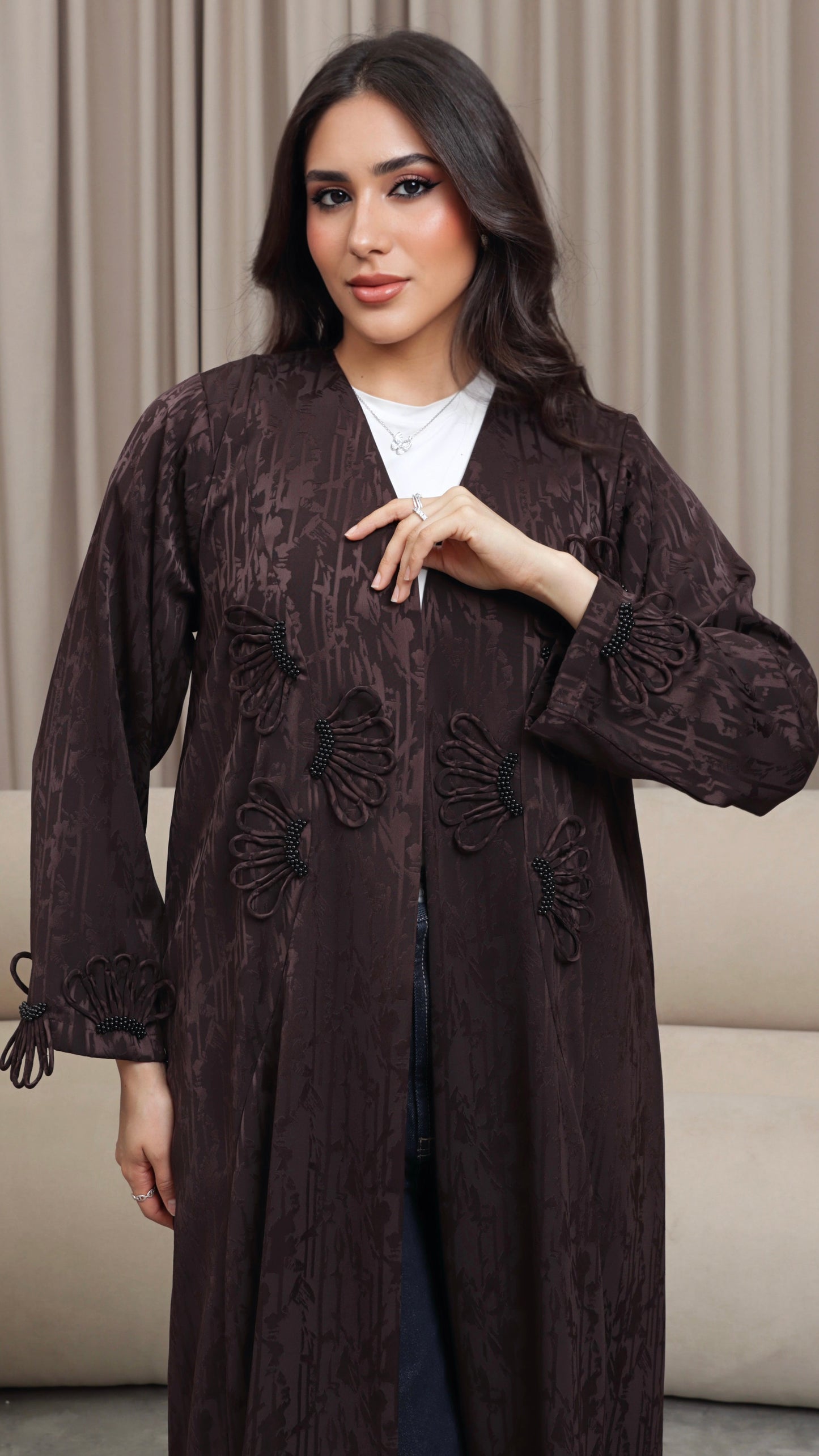E116- Brown Jacquard bloom abaya