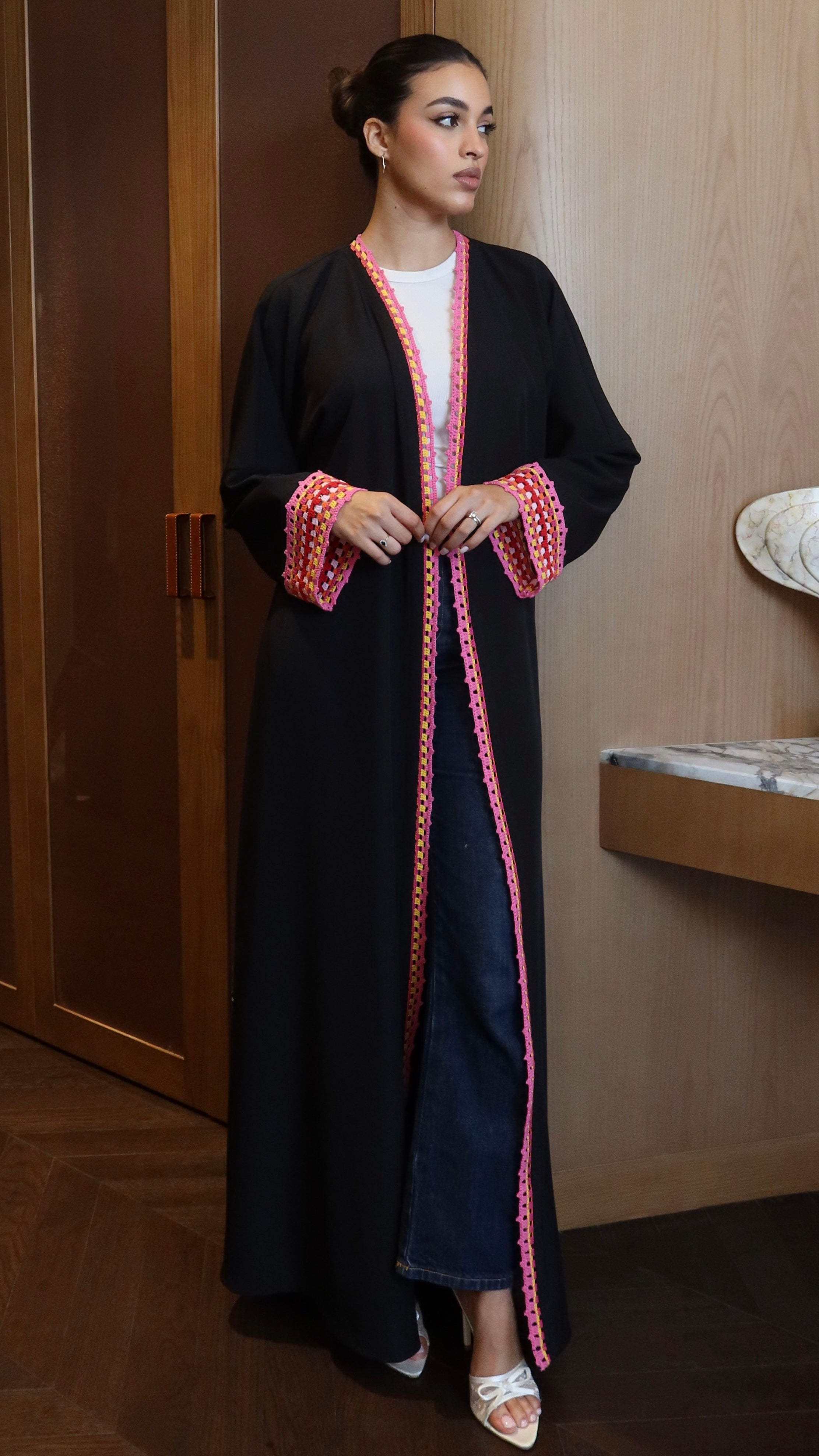 E124- Summer Crochet black abaya