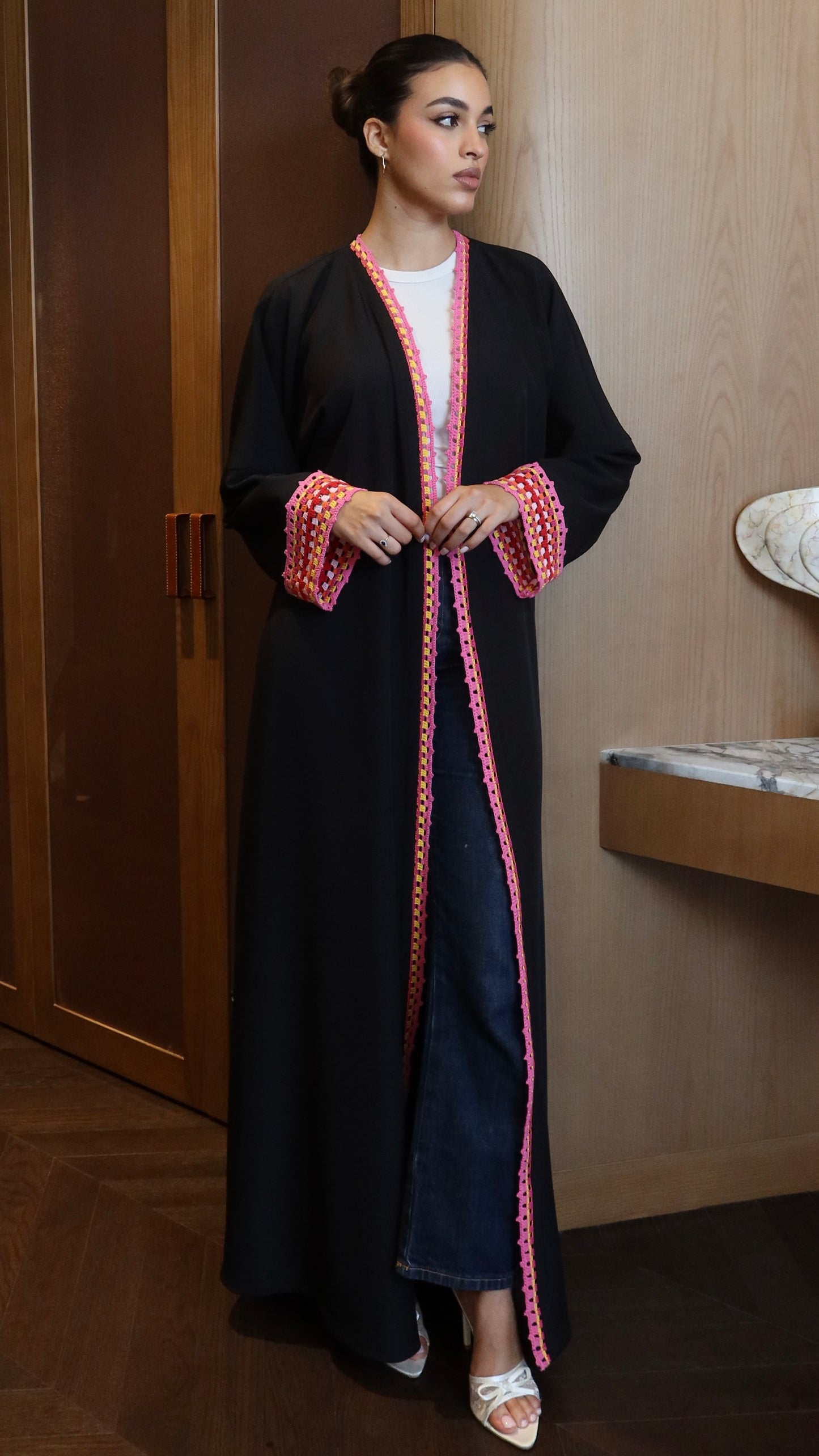E124- Summer Crochet black abaya