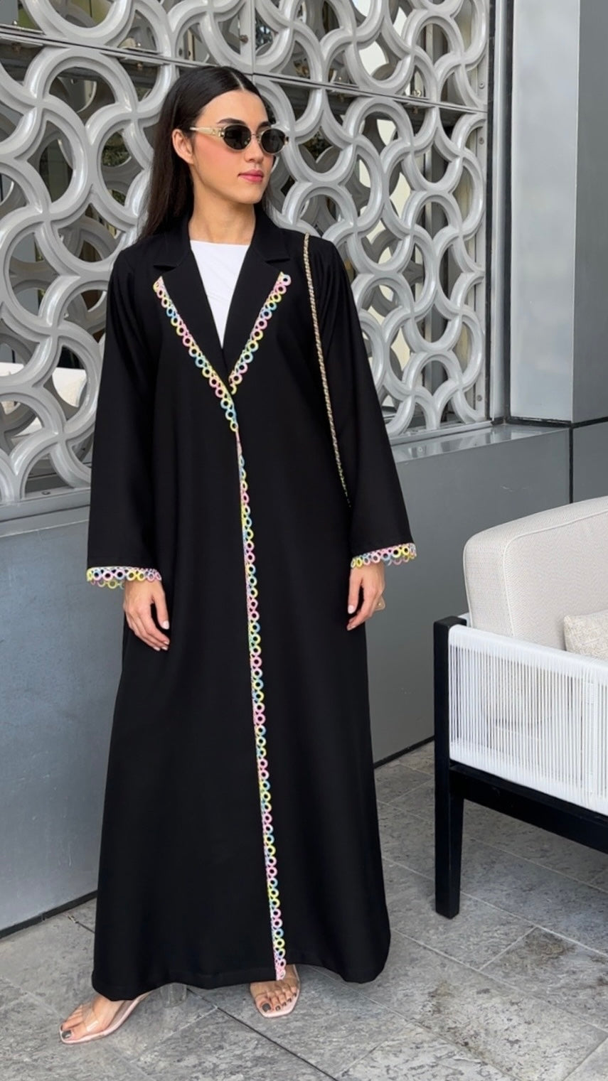 E139- Rainbow Crochet colar abaya black ( Shaila not included)