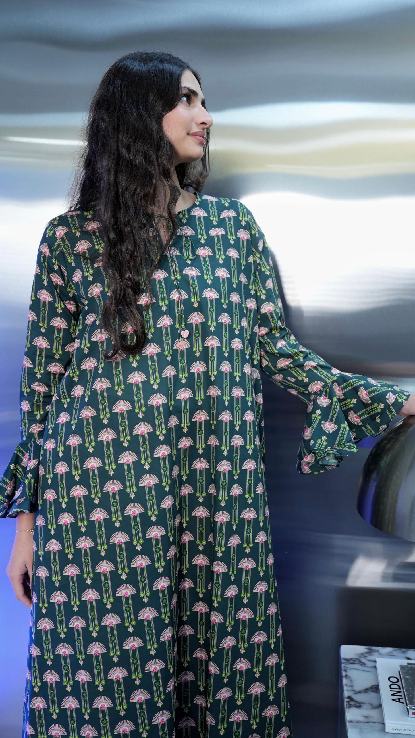 O67 Green kaftan with heart letters charm ( Ready to Ship)