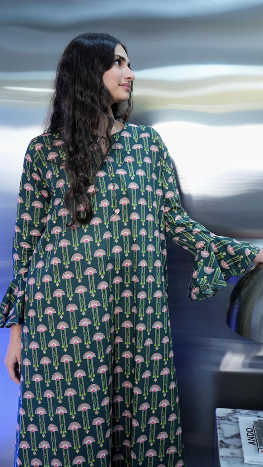 O67 Green kaftan with heart letters charm ( Ready to Ship)