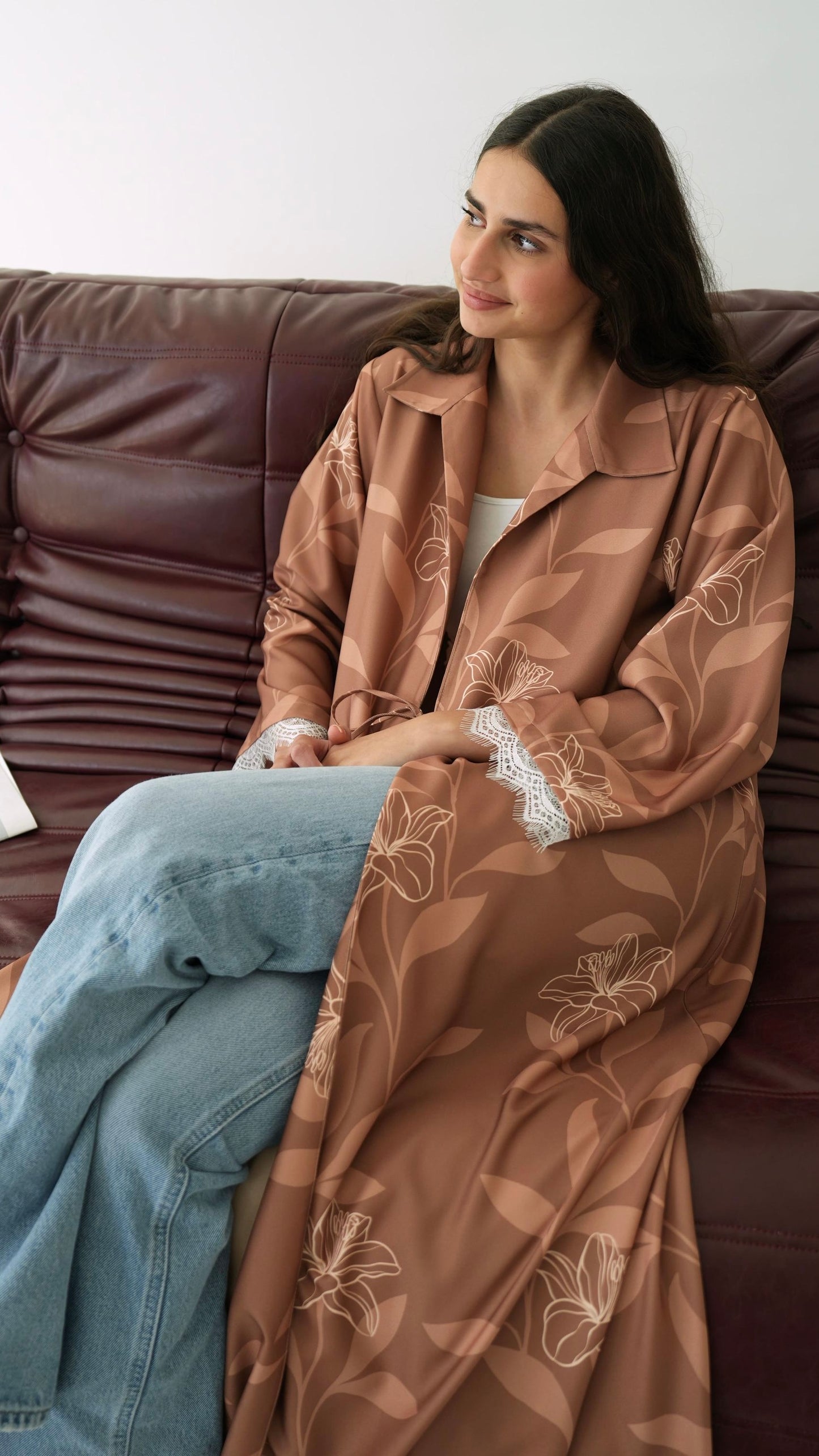 E103 Beige floral abaya with white lace( Ready to Ship)