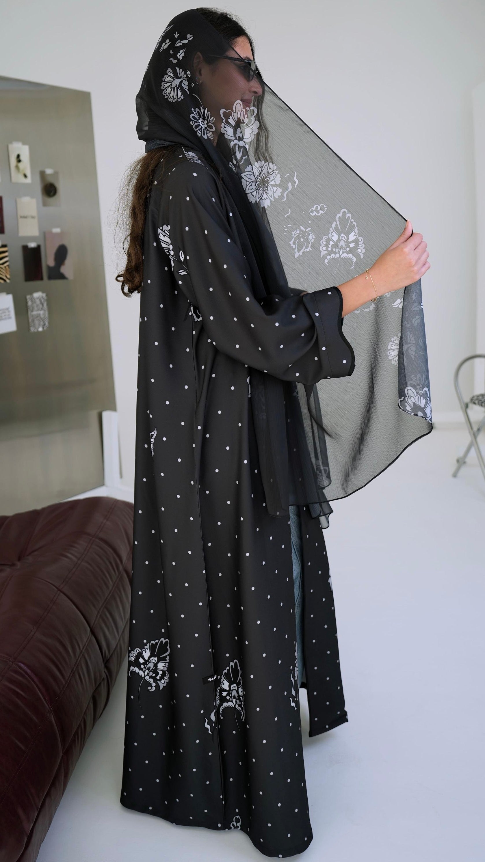 E101 polka dot floral black abaya ( Ready to Ship)