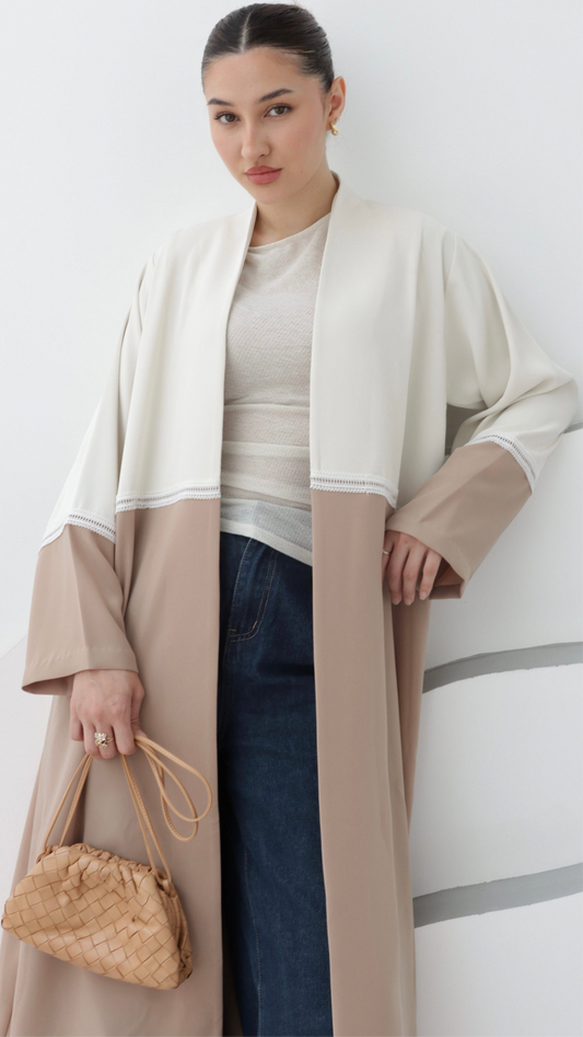 E68- Summery white and beige crepe abaya with lace ( A-line)